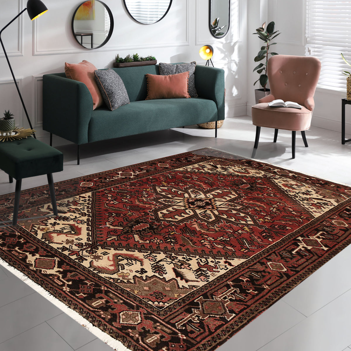 5x7 Rust, Ivory, Charcoal Color Hand Knotted Heriz Wool Traditional Oriental Rug