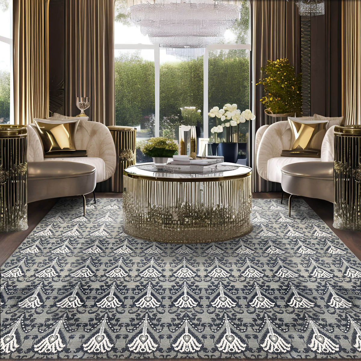 9x12 Gray, Blue, Ivory Multi Color Hand Knotted All-Over 100% Wool Transitional Oriental Rug