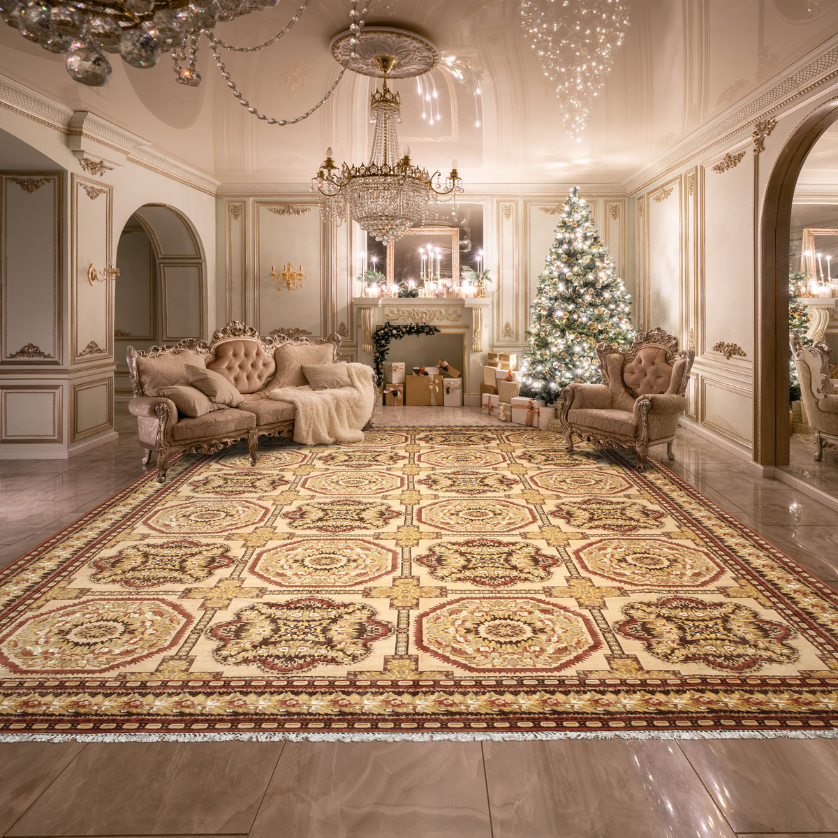 Palace Beige, Brown, Rust Color Hand Knotted Persian Wool & silk Traditional Oriental Rug