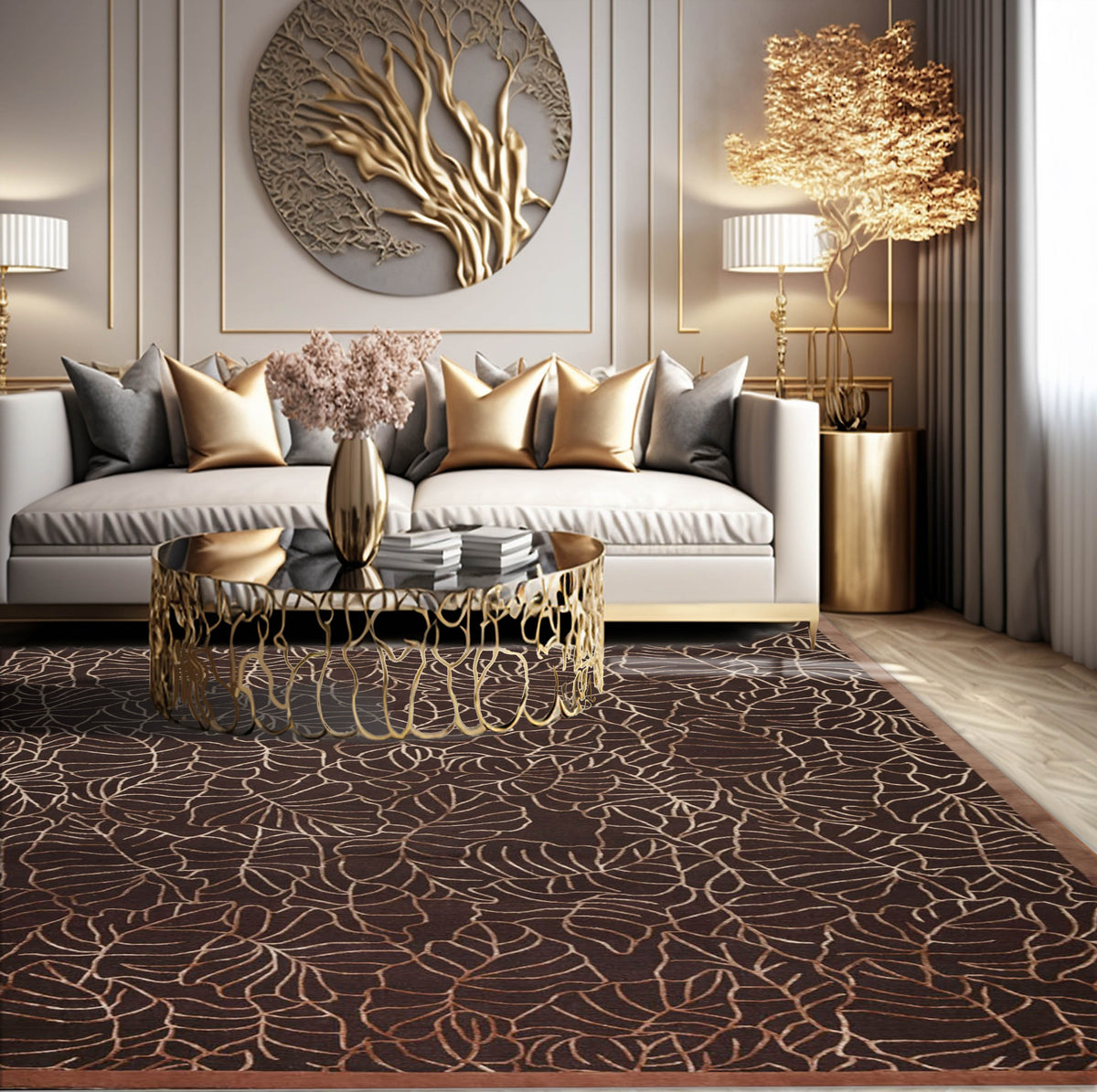 8x10 Brown, , Color Hand Knotted All-Over Wool & Silk Modern Oriental Rug