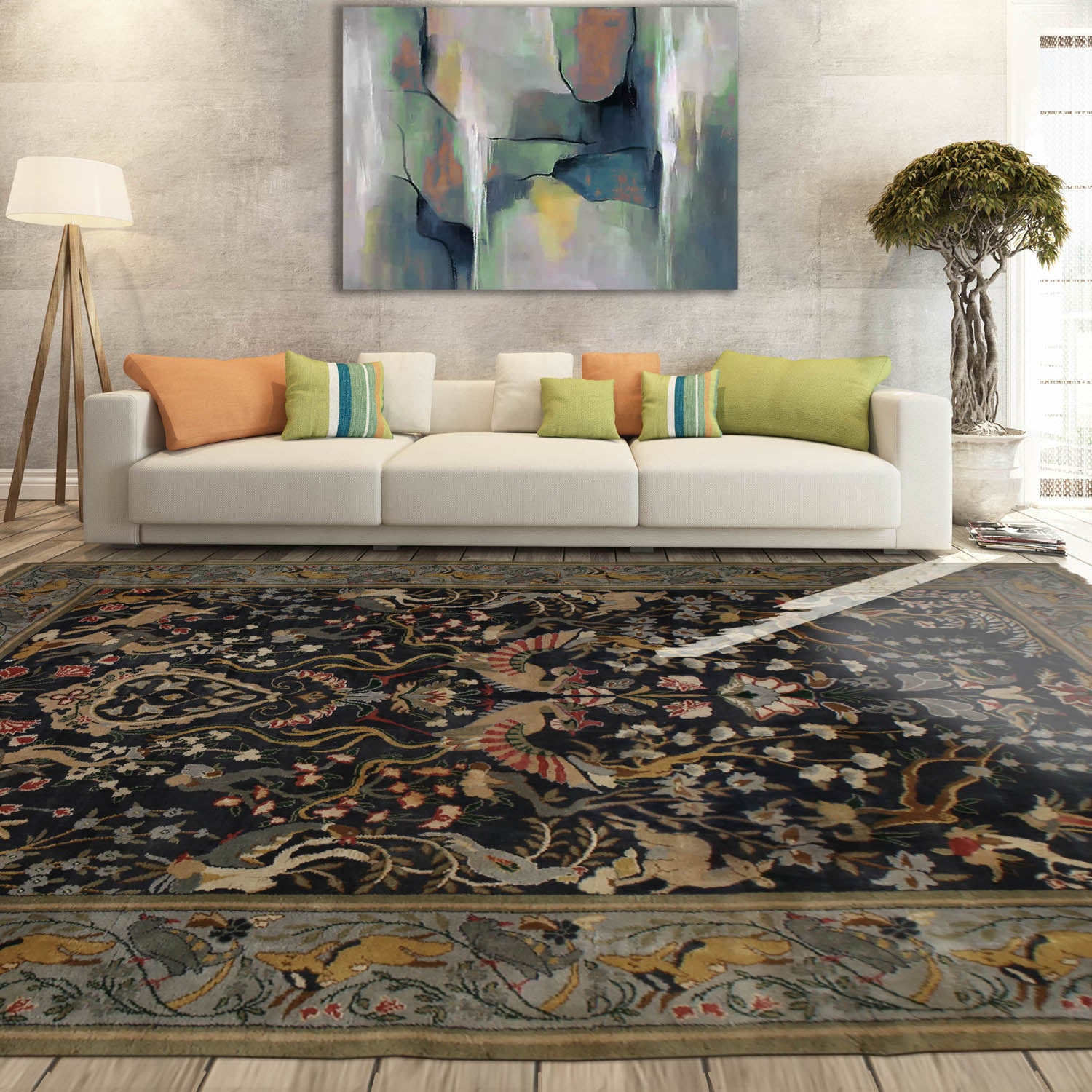 9x12 Charcoal, Sage, Brown Color Hand Knotted All-Over 100% Wool Antique Oriental Rug