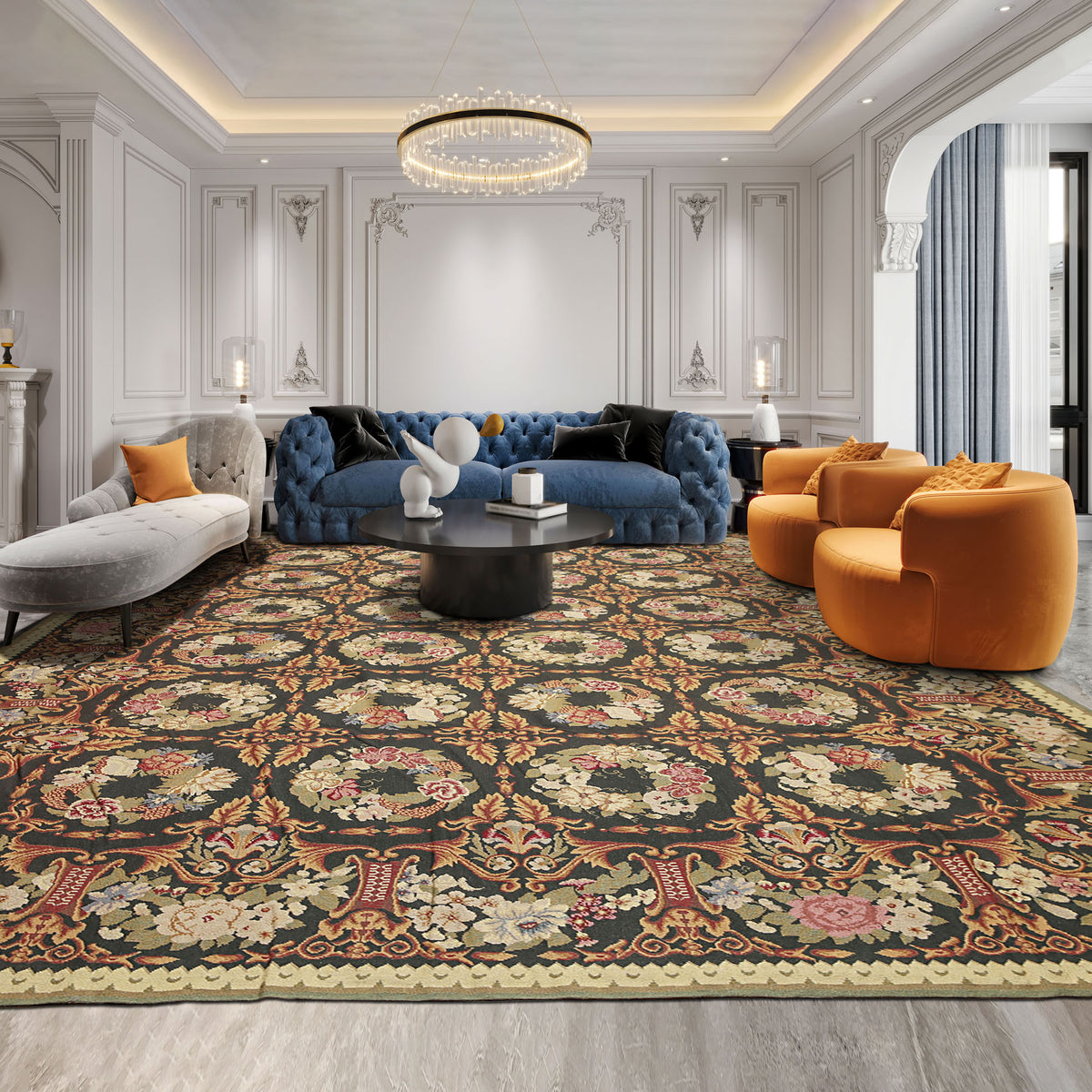 9x12 Charcoal, Gold, Green Color Hand Woven French Needlepoint Aubusson Wool Traditional Oriental Rug