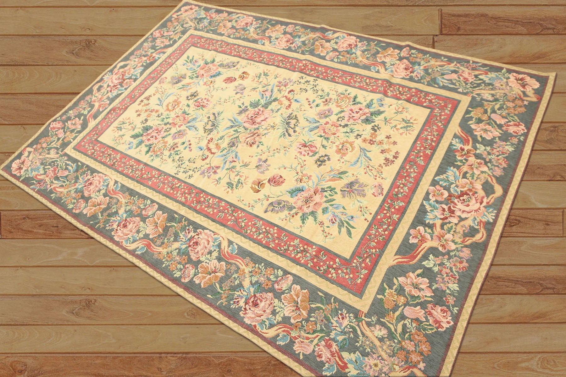 5x8 Golden Sage, Rose, Aqua Color Hand Made Needlepoint Cotton Traditional Oriental Rug