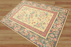 5x8 Golden Sage, Rose, Aqua Color Hand Made Needlepoint Cotton Traditional Oriental Rug