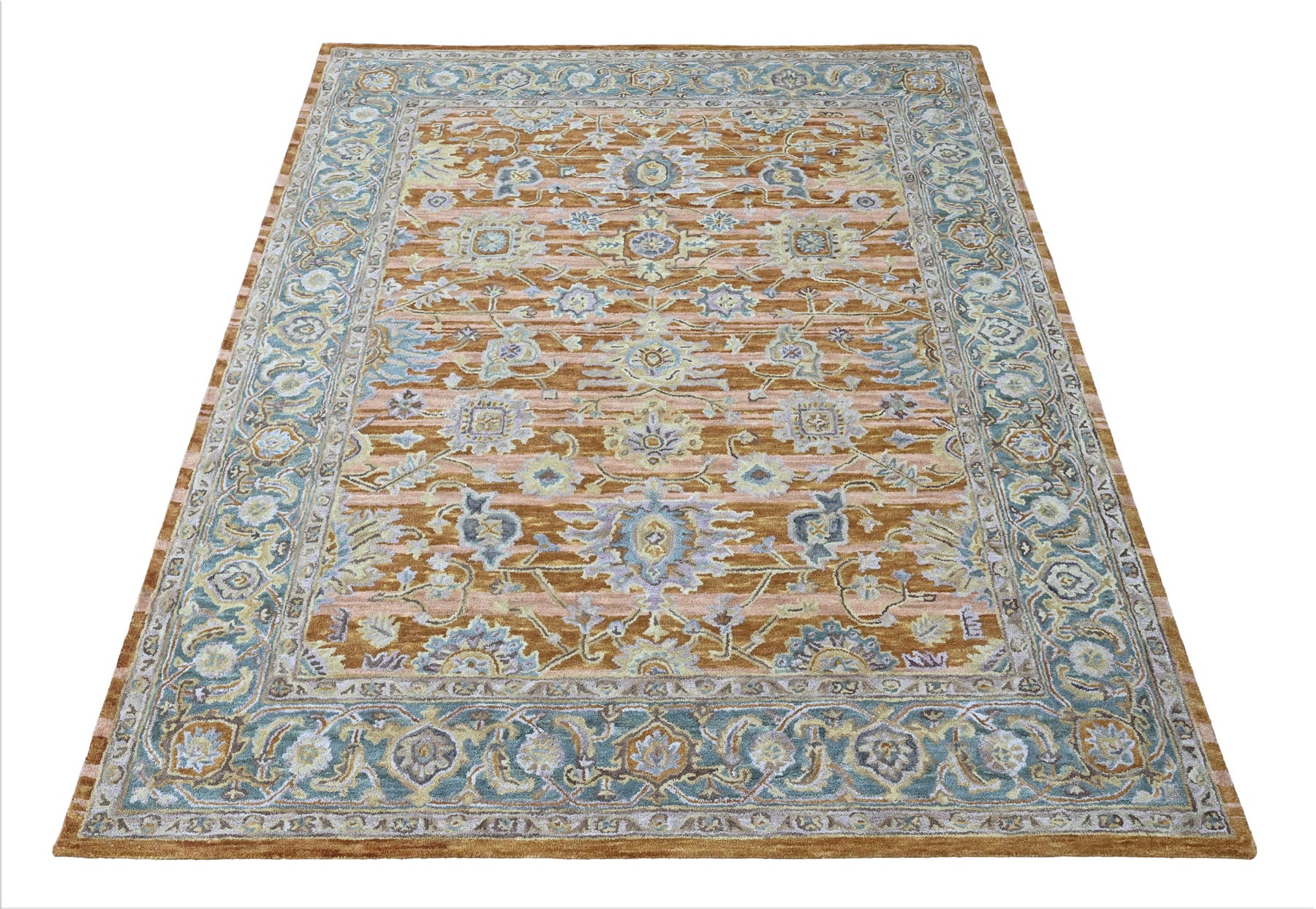Multi Size Burnt Orange Light Yellow Turquoise Color Hand Tufted Handmade Wool Modern & Contemporary Oriental Rug