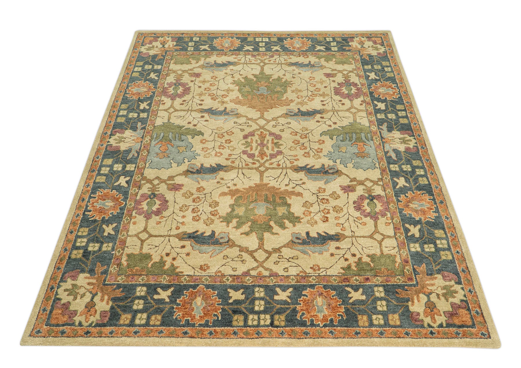Multi Size Light Gold Blue Burnt Orange Color Hand Tufted  Wool  Oriental Rug