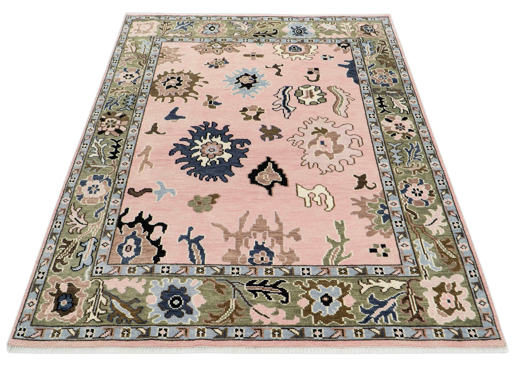 Multi Size Blush Sage Blue Color Hand Knotted Oushak Wool Traditional Oriental Rug