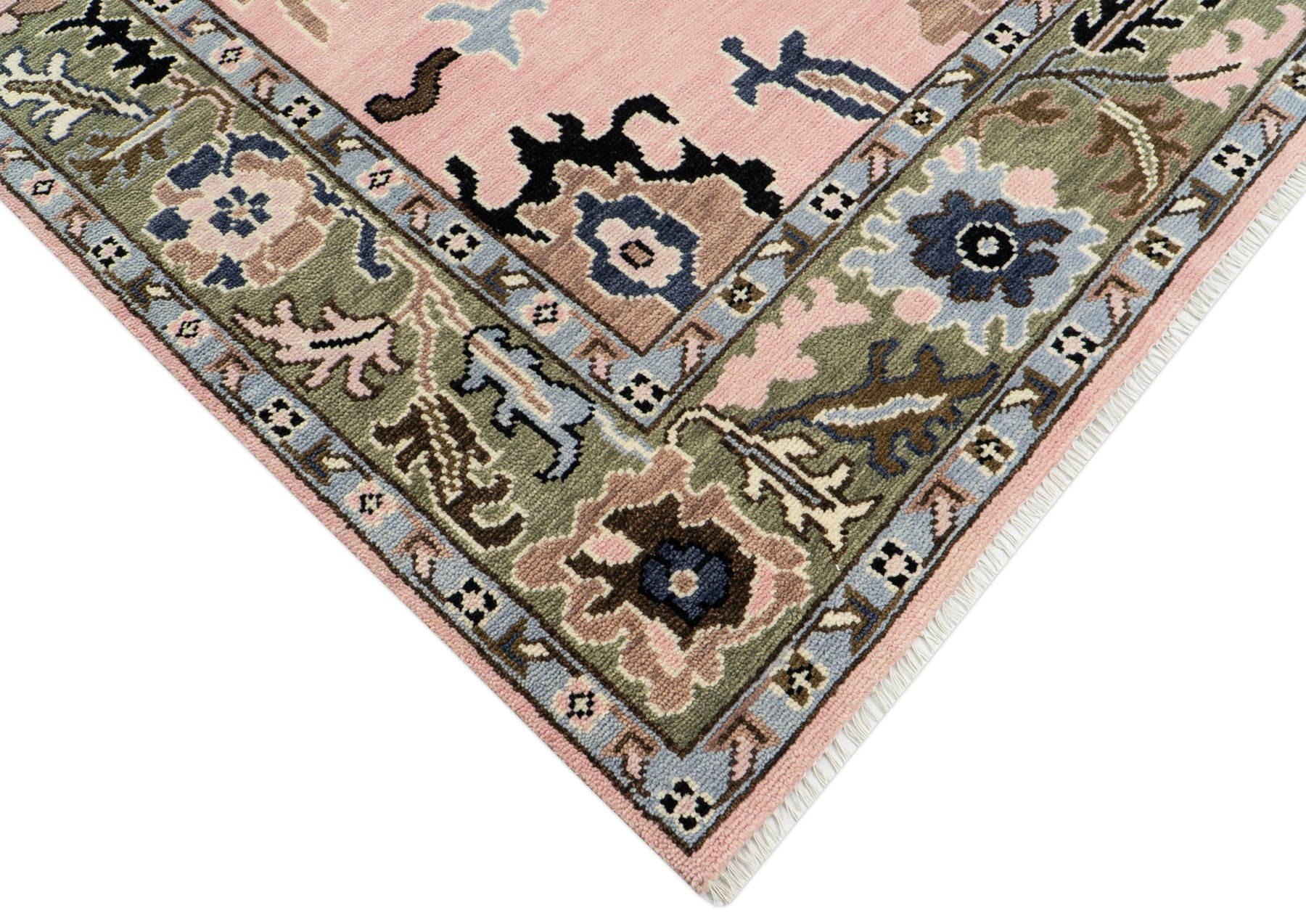 Multi Size Blush Sage Blue Color Hand Knotted Oushak Wool Traditional Oriental Rug