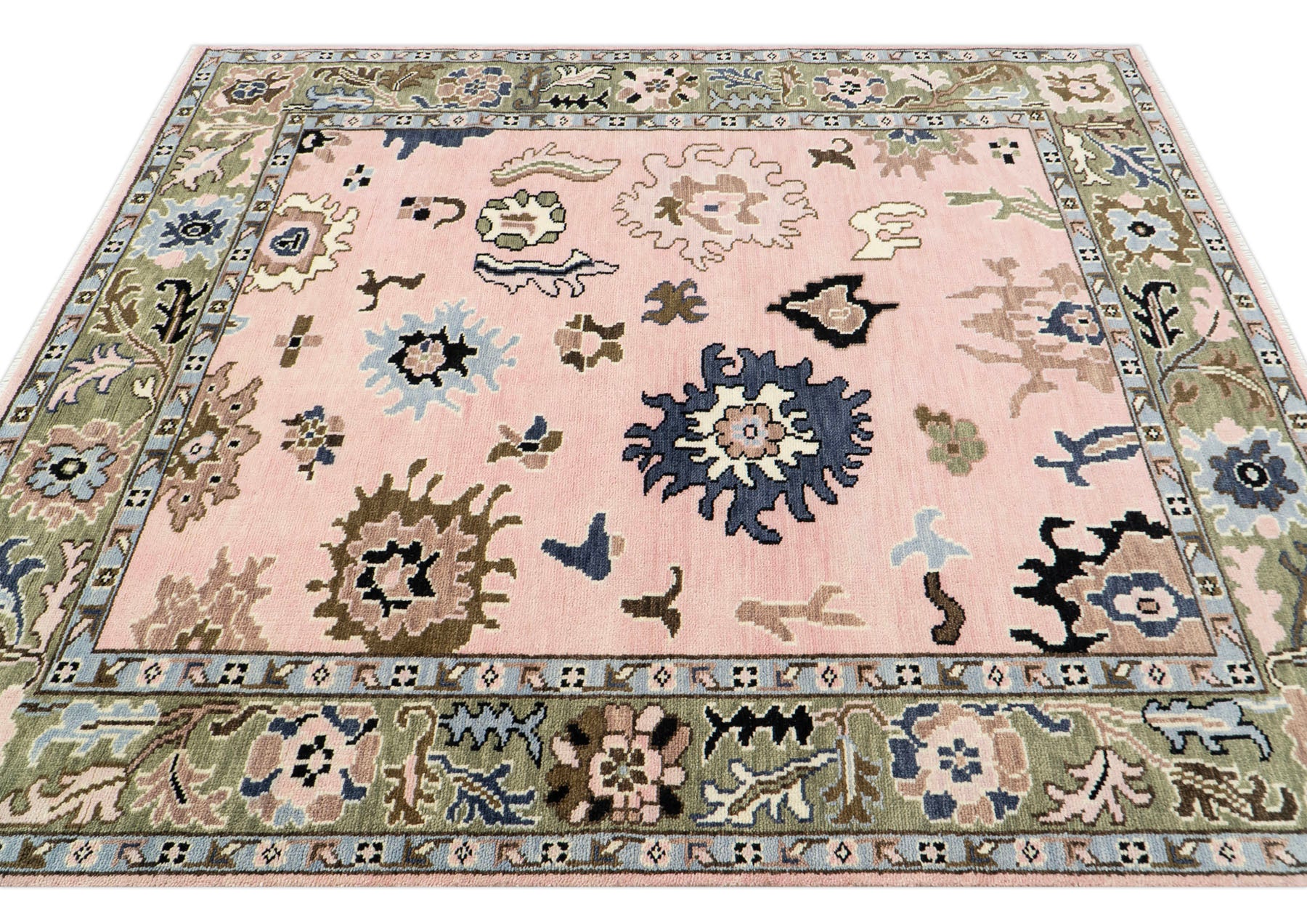 Multi Size Blush Sage Blue Color Hand Knotted Oushak Wool Traditional Oriental Rug