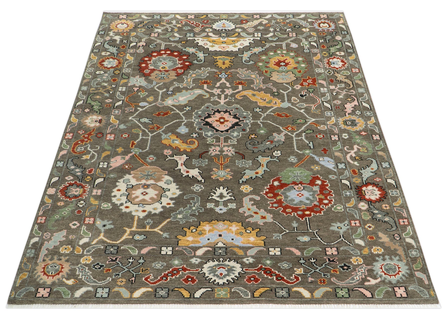 Multi Size Brown Ivory Gold Color Hand Knotted Oushak Wool Traditional Oriental Rug