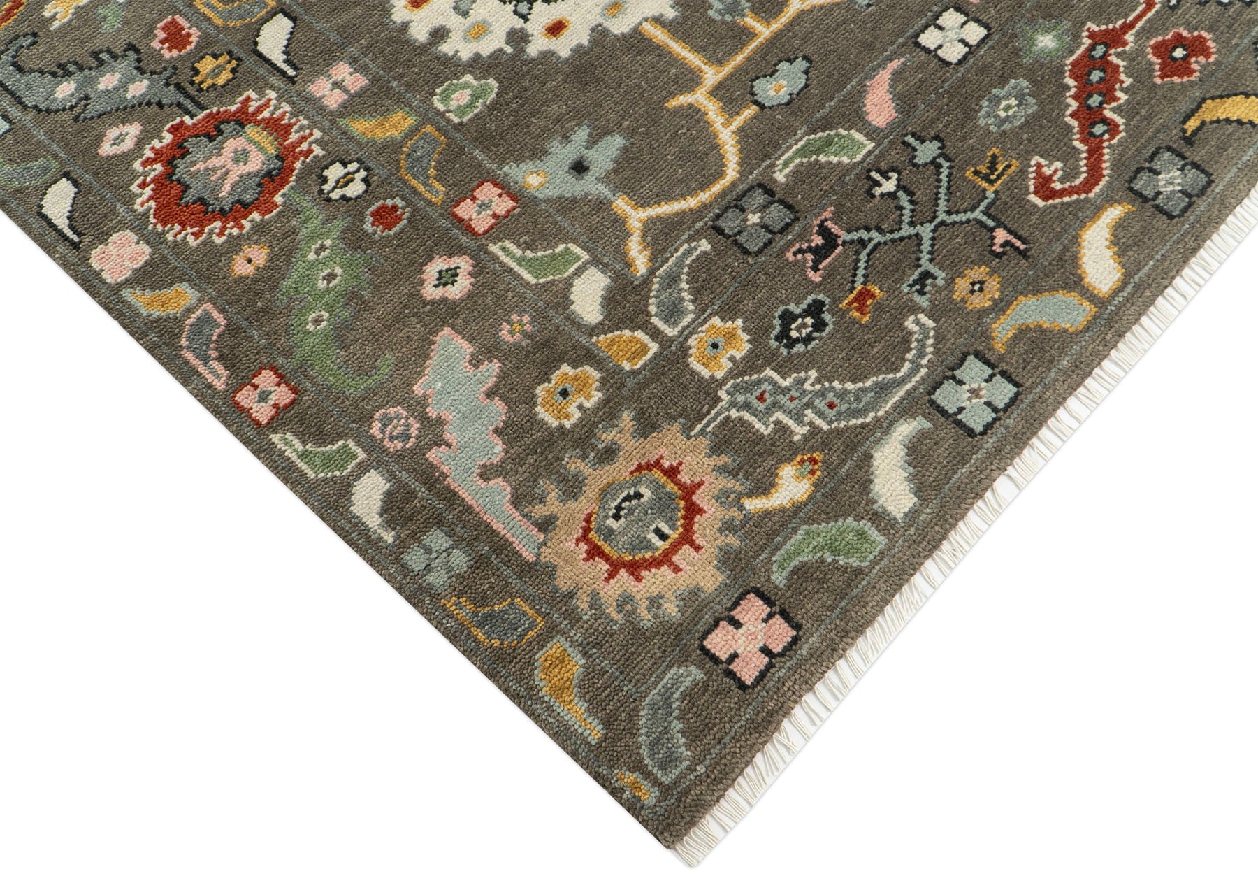 Multi Size Brown Ivory Gold Color Hand Knotted Oushak Wool Traditional Oriental Rug