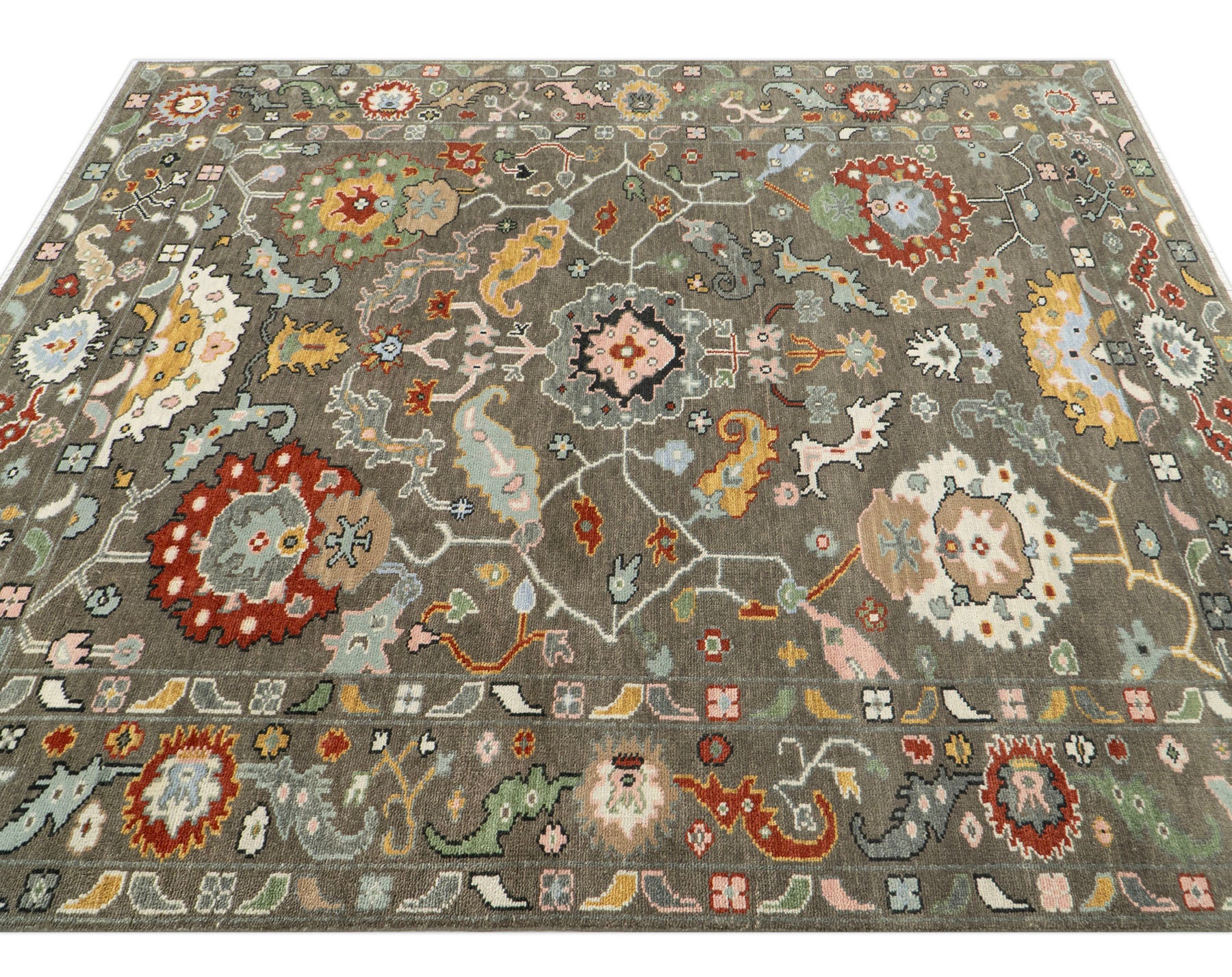 Multi Size Brown Ivory Gold Color Hand Knotted Oushak Wool Traditional Oriental Rug