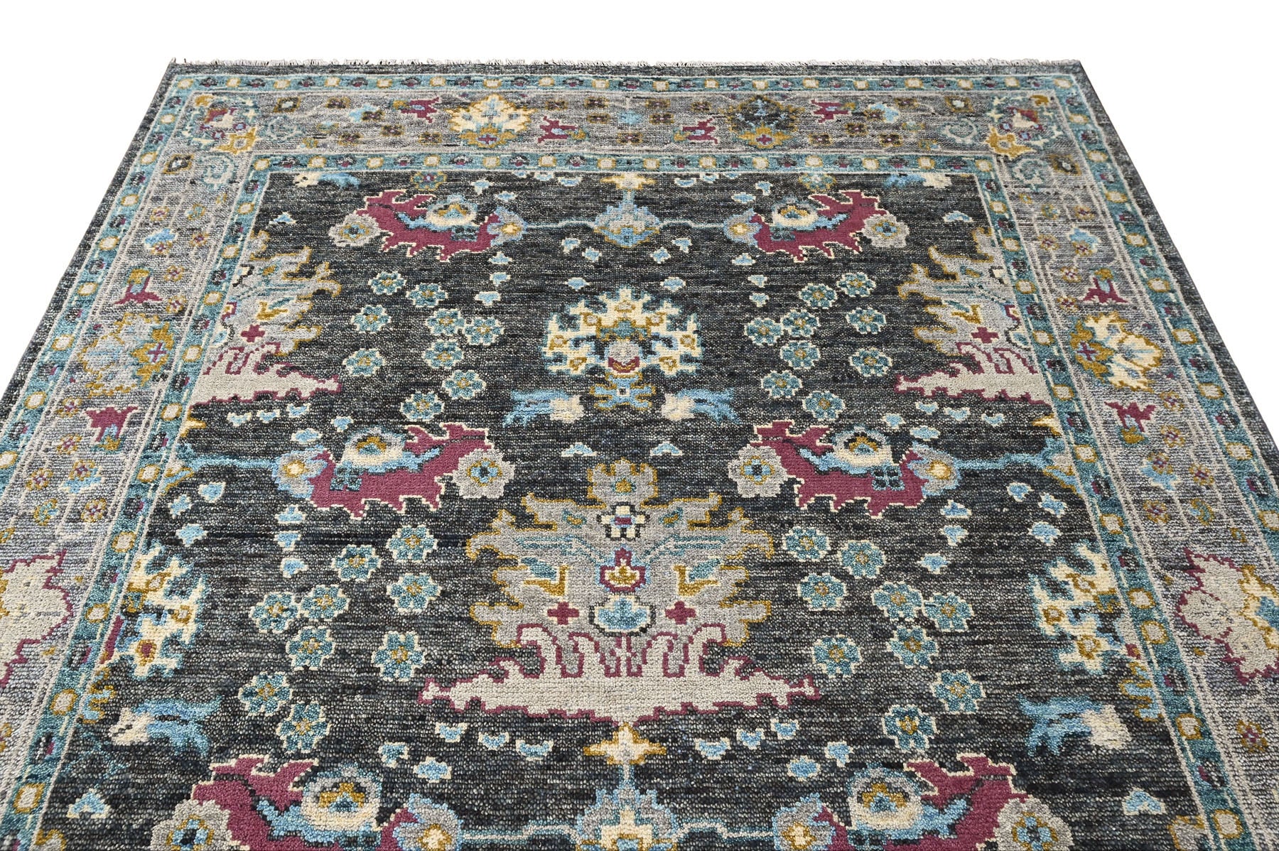 Gray, Aqua 7'9''x9'10'' Oushak Arts and Crafts Hand Knotted Wool Oriental Area Rug