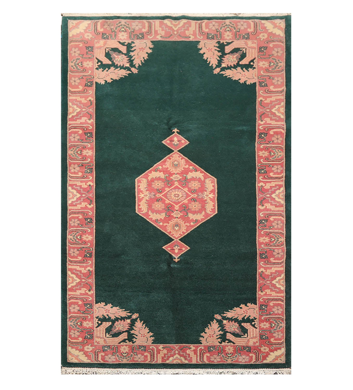 6x9 Emerald, Rose, Ivory Color Hand Knotted All-Over 100% Wool Traditional Oriental Rug