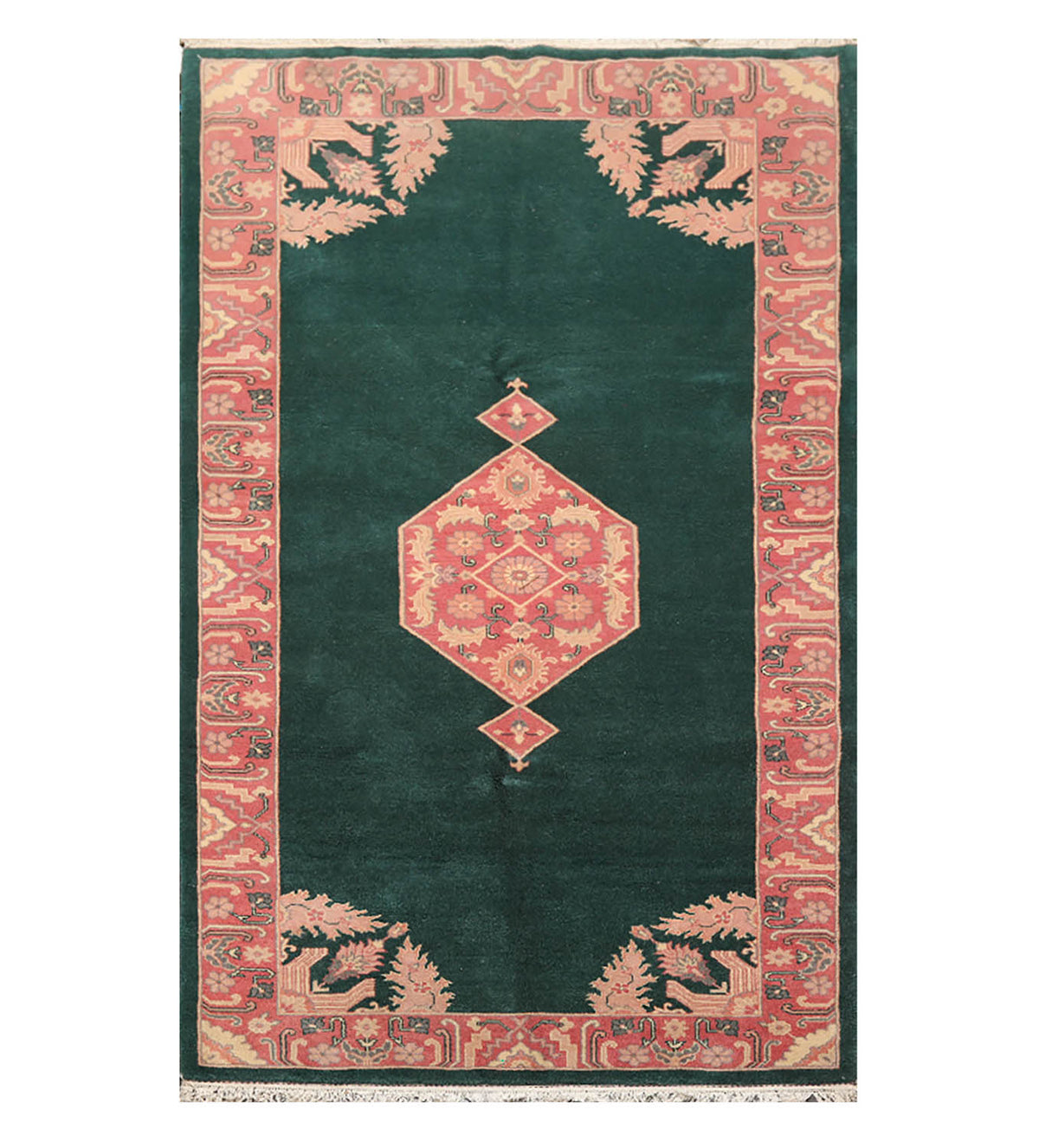 6x9 Emerald, Rose, Ivory Color Hand Knotted All-Over 100% Wool Traditional Oriental Rug