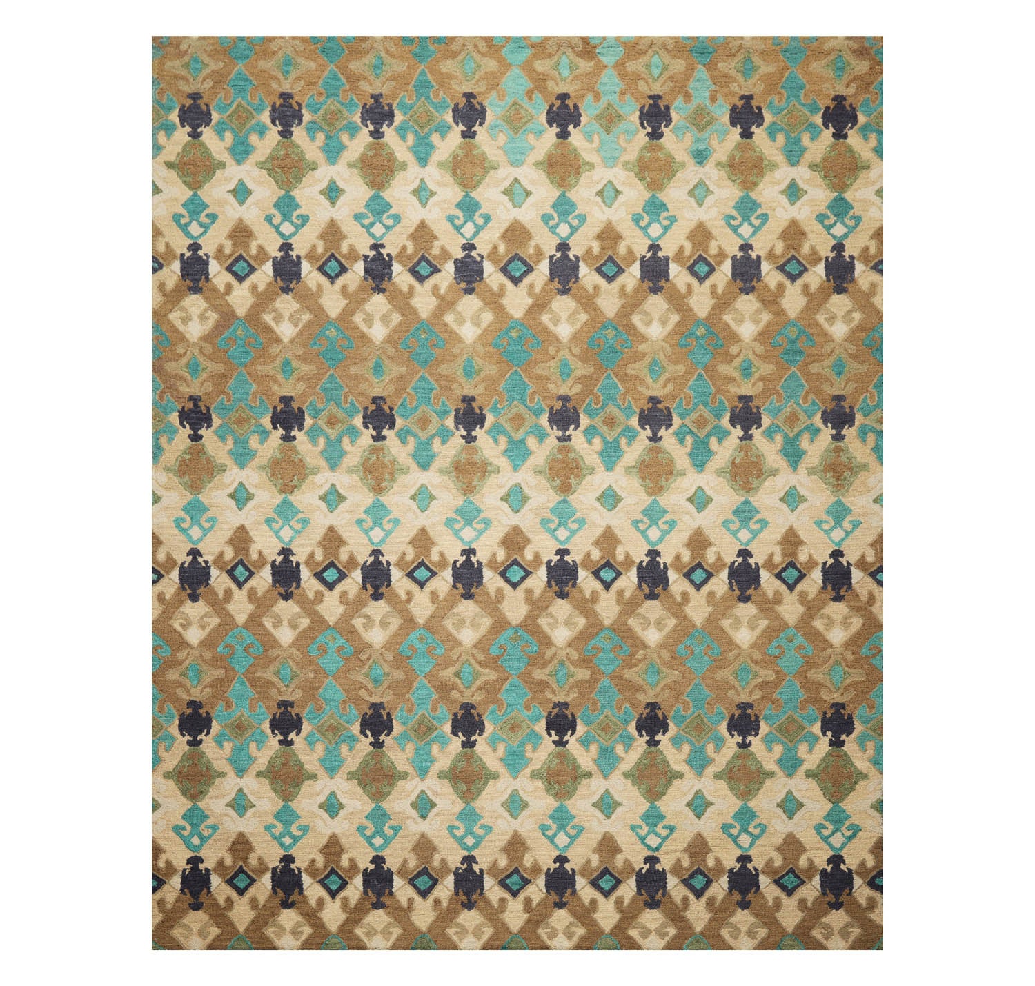 Multi Size Beige Brown Turquoise Color Hand Tufted All-Over Wool & Silk Modern Oriental Rug