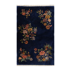 3x5 Royal Blue, Sage, Gold Color Hand Knotted All-Over 100% Wool Traditional Oriental Rug