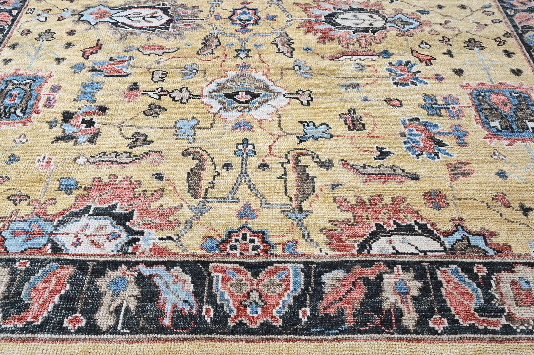 Light Gold, Blue 8'11''x11'11'' Oushak Arts and Crafts Hand Knotted Wool Oriental Area Rug
