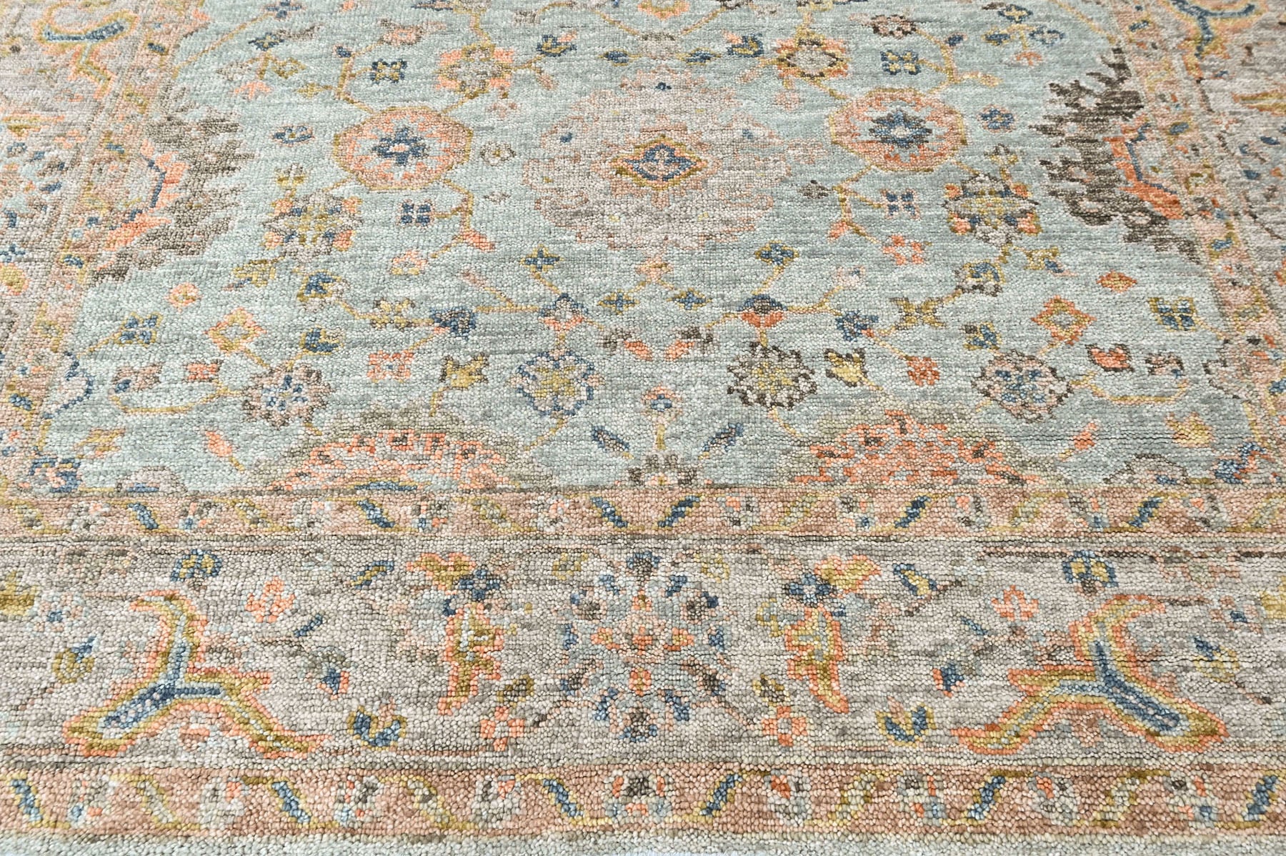 Aqua, Peach 8x9'11'' Oushak Transitional Hand Knotted Wool Oriental Area Rug