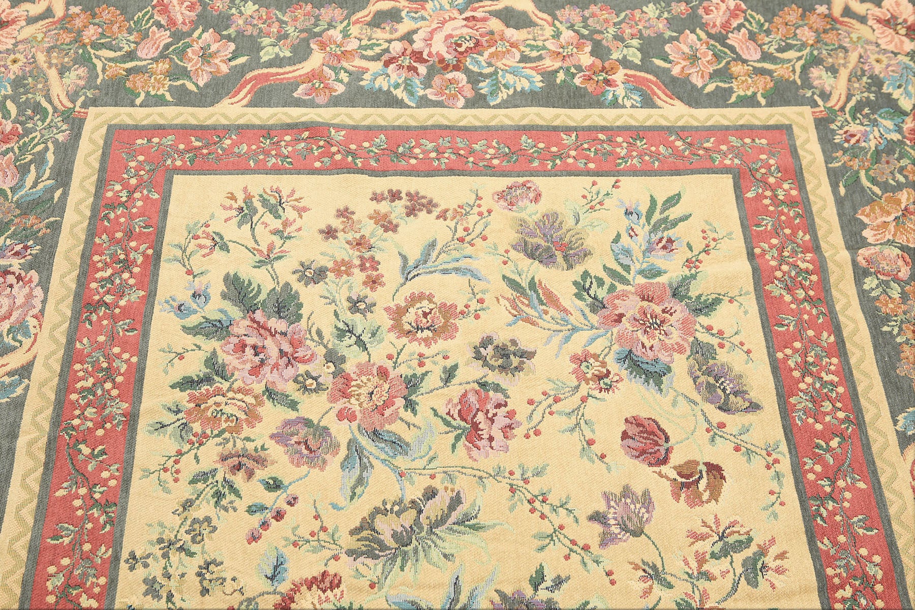 5x8 Golden Sage, Rose, Aqua Color Hand Made Needlepoint Cotton Traditional Oriental Rug