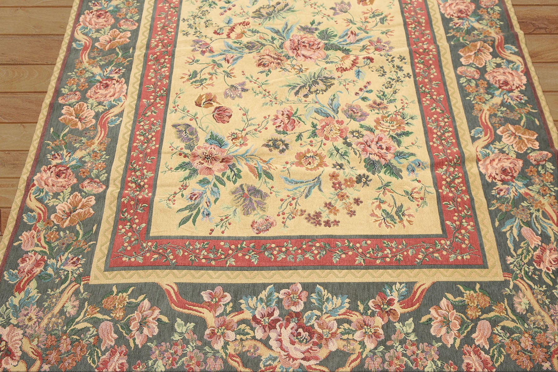5x8 Golden Sage, Rose, Aqua Color Hand Made Needlepoint Cotton Traditional Oriental Rug
