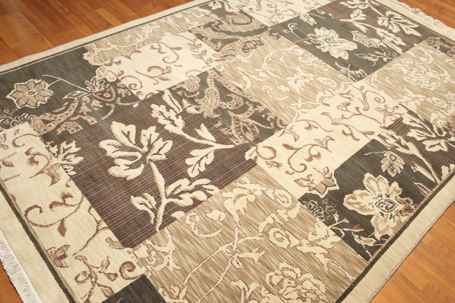 6x9 Beige, Brown, Charcoal Color Hand Knotted All-Over 100% Wool Traditional Oriental Rug