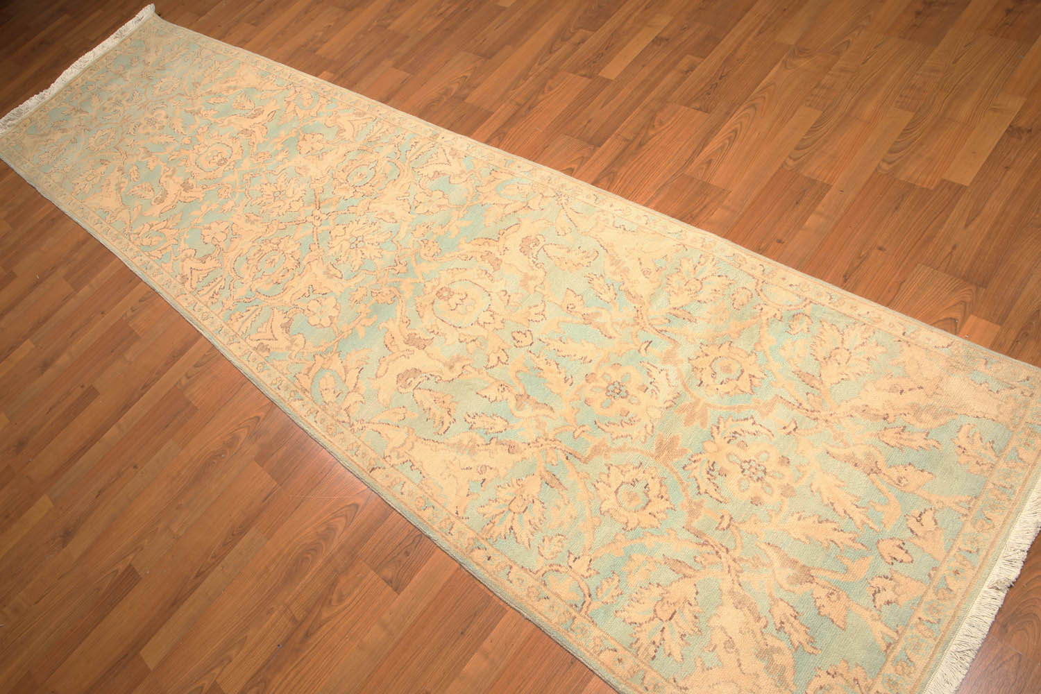 Runner Beige, Aqua, Brown Color Hand Knotted All-Over 100% Wool Traditional Oriental Rug