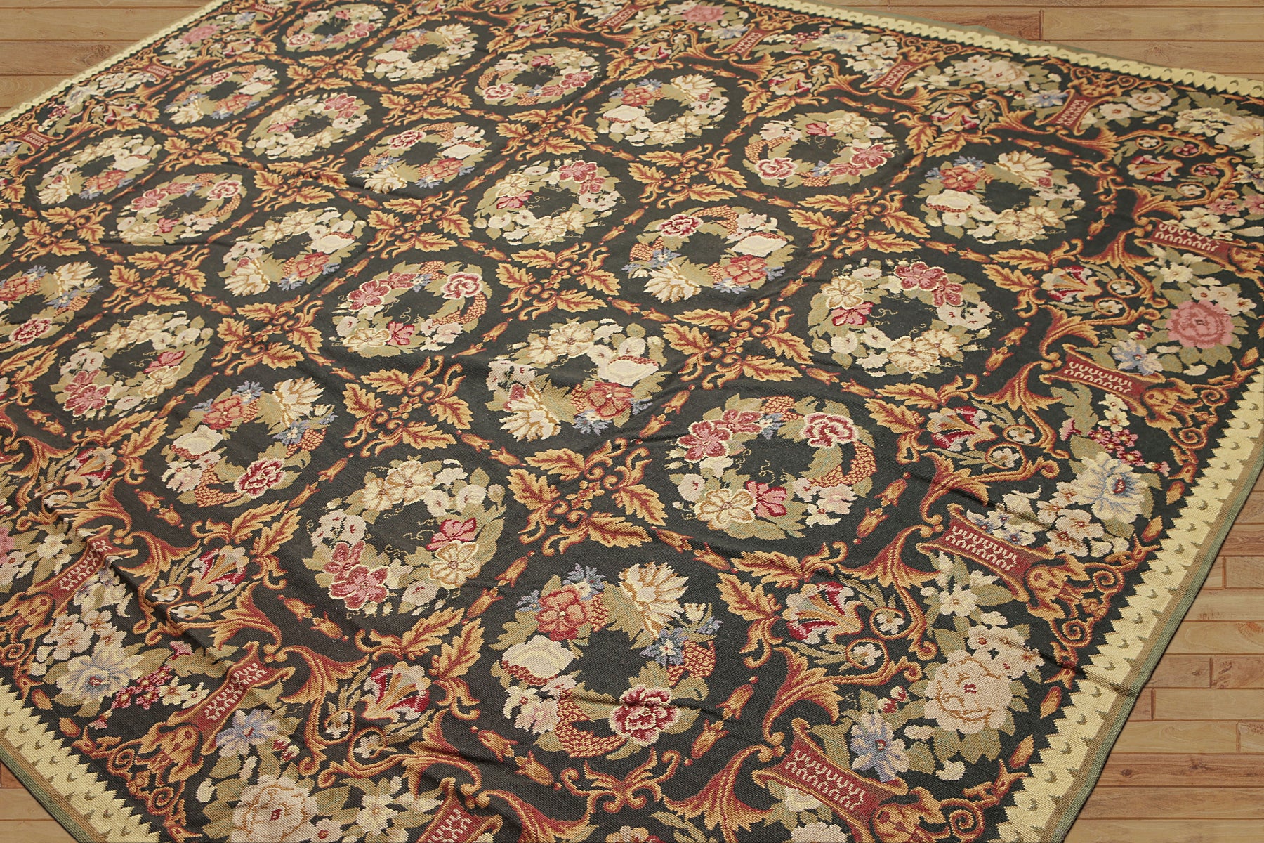 9x12 Charcoal, Gold, Green Color Hand Woven French Needlepoint Aubusson Wool Traditional Oriental Rug