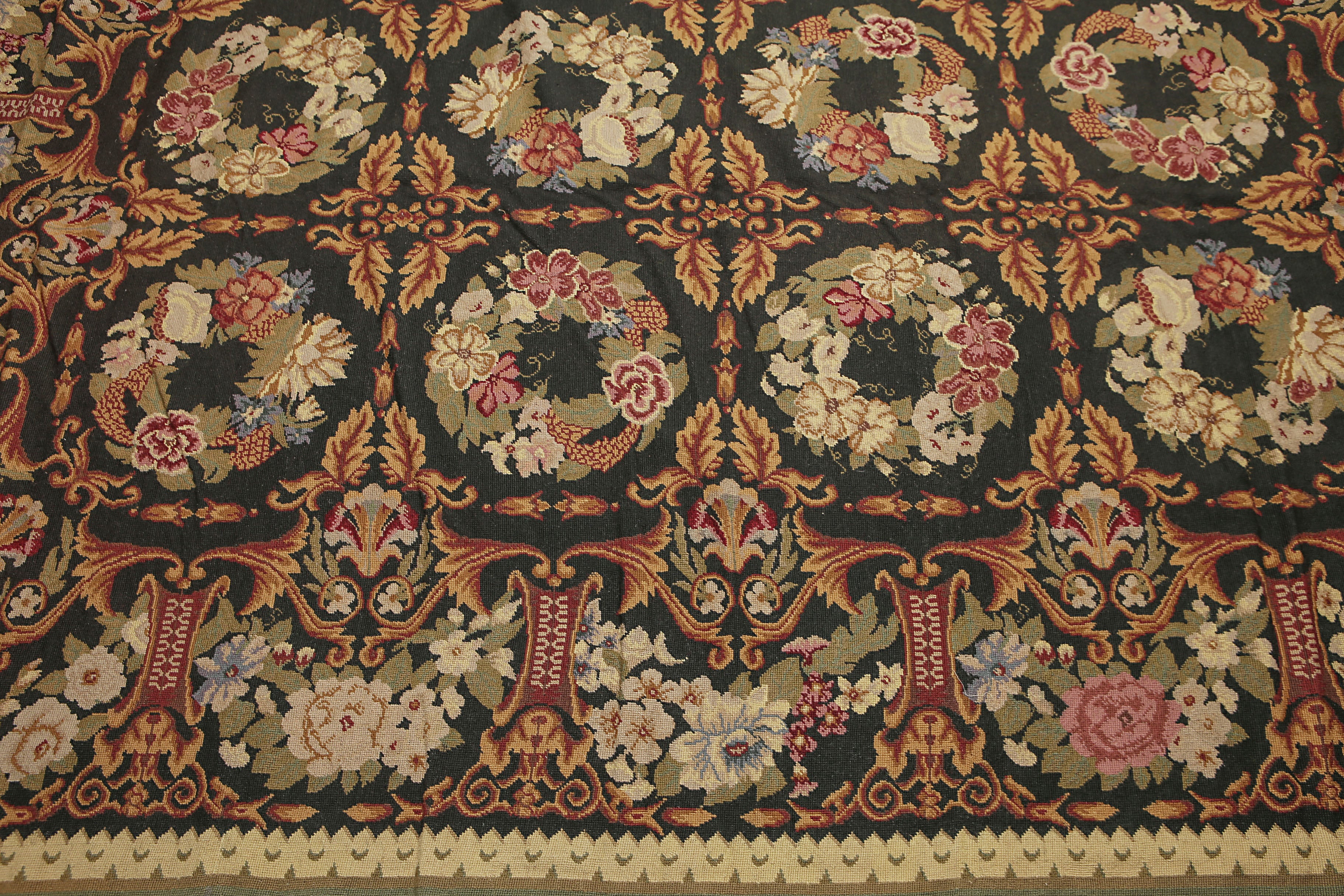 9x12 Charcoal, Gold, Green Color Hand Woven French Needlepoint Aubusson Wool Traditional Oriental Rug