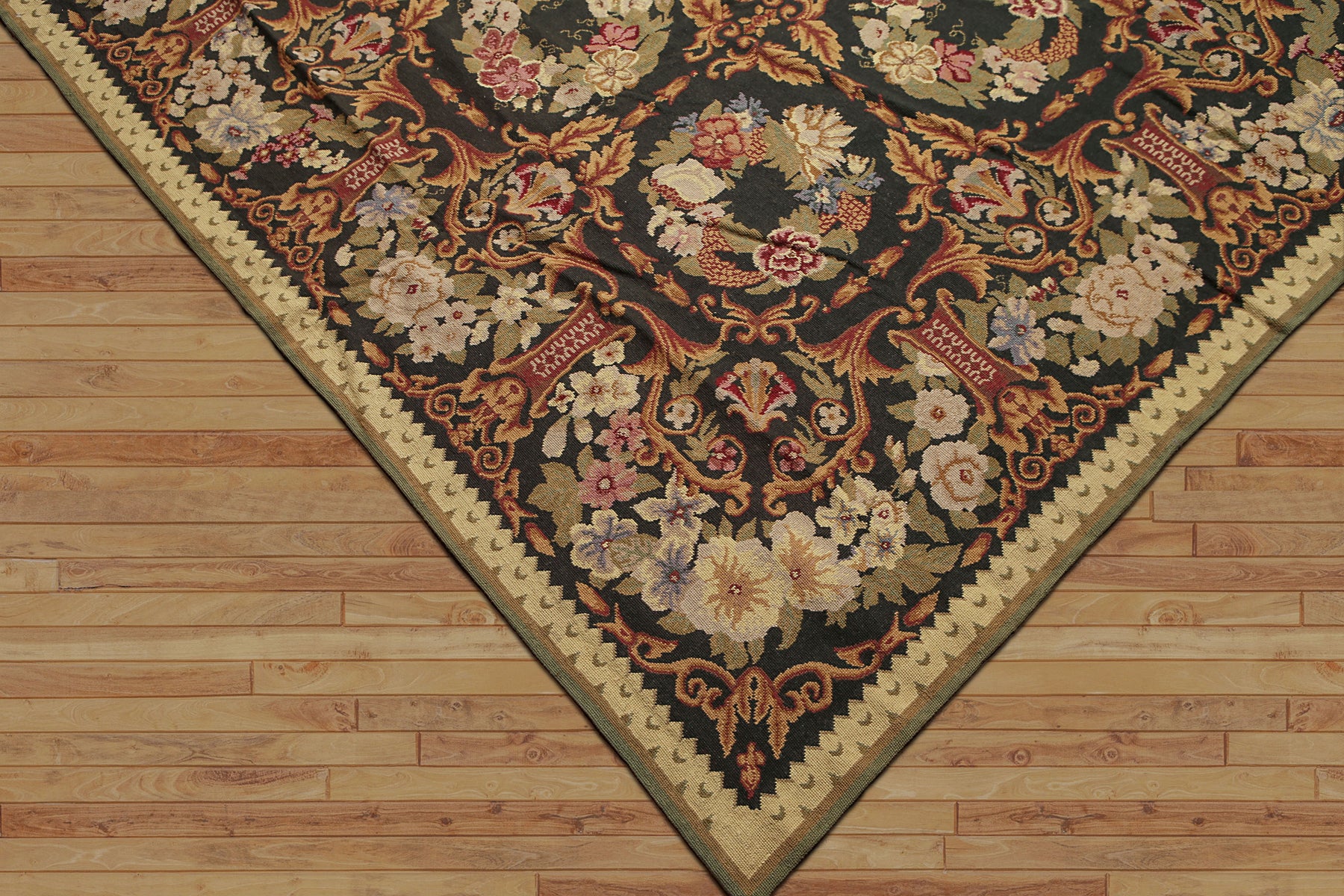 9x12 Charcoal, Gold, Green Color Hand Woven French Needlepoint Aubusson Wool Traditional Oriental Rug