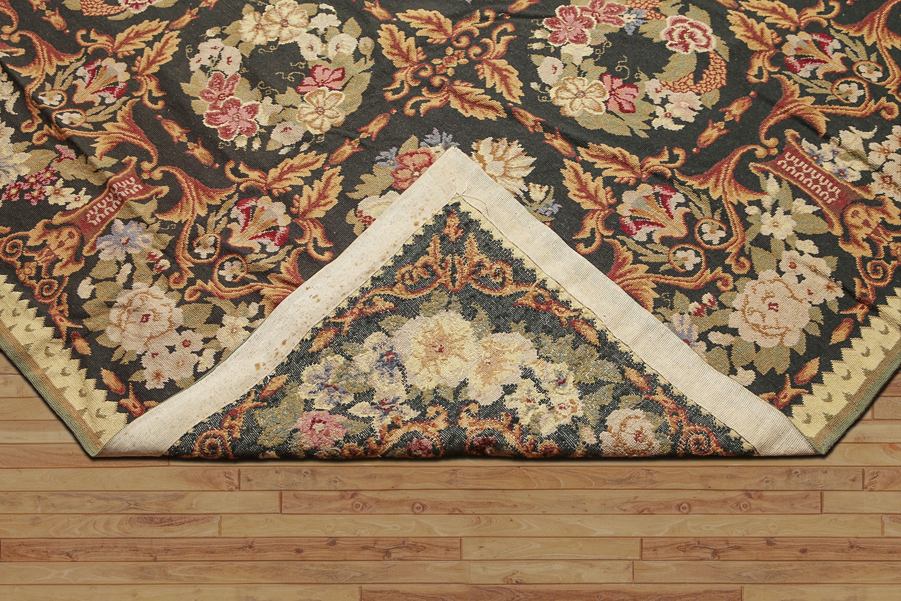 9x12 Charcoal, Gold, Green Color Hand Woven French Needlepoint Aubusson Wool Traditional Oriental Rug