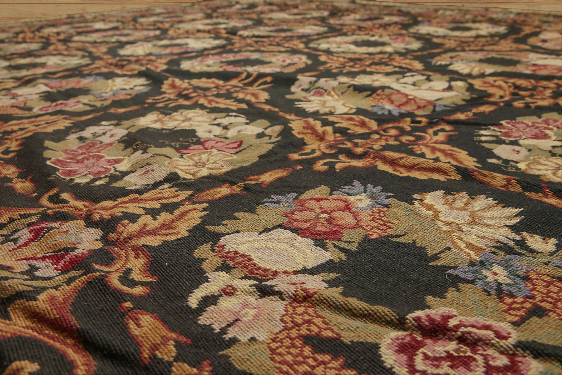 9x12 Charcoal, Gold, Green Color Hand Woven French Needlepoint Aubusson Wool Traditional Oriental Rug