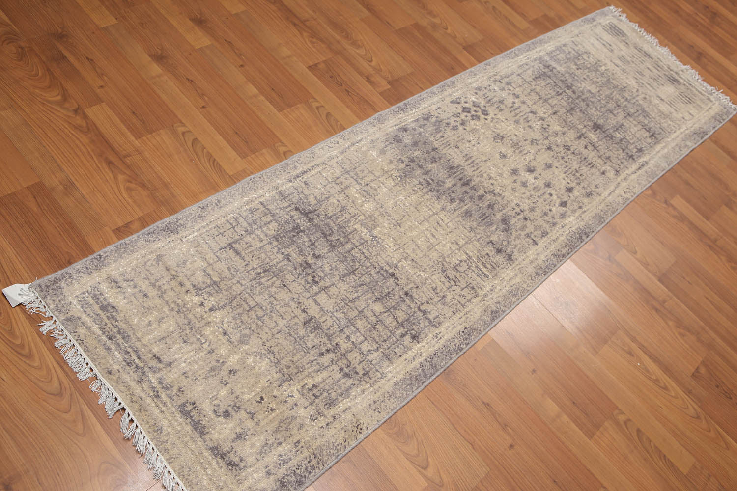 Runner Beige, Grey, Ivory Color Hand Knotted All-Over 100% Wool Contemporary Oriental Rug