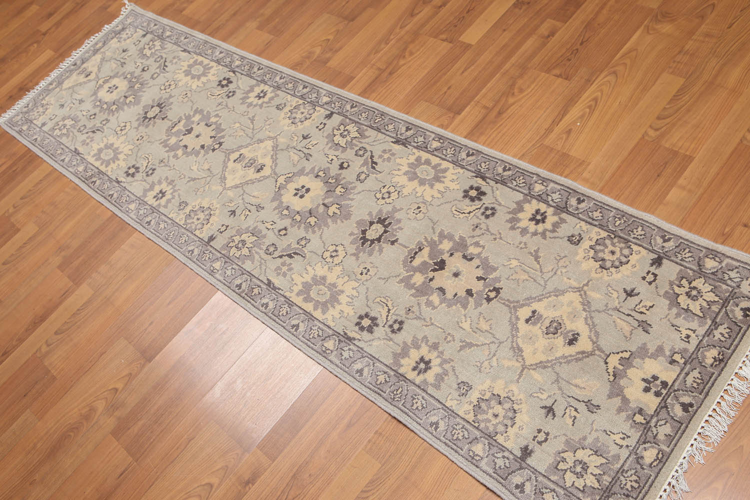 Runner Gray, Dark Grey, Beige Color Hand Knotted Floral 100% Wool Traditional Oriental Rug