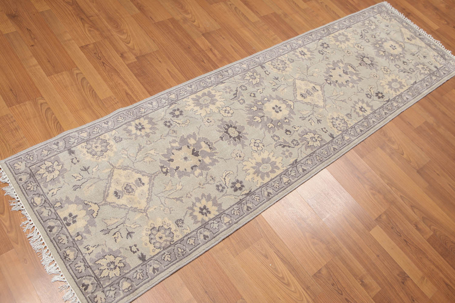 Runner Gray, Dark Grey, Beige Color Hand Knotted Floral 100% Wool Traditional Oriental Rug