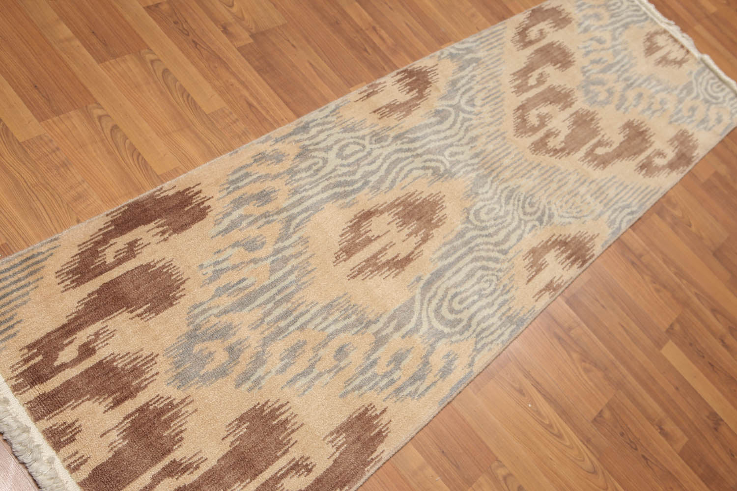 Runner Tan, Brown, Blue Color Hand Knotted All-Over 100% Wool Contemporary Oriental Rug
