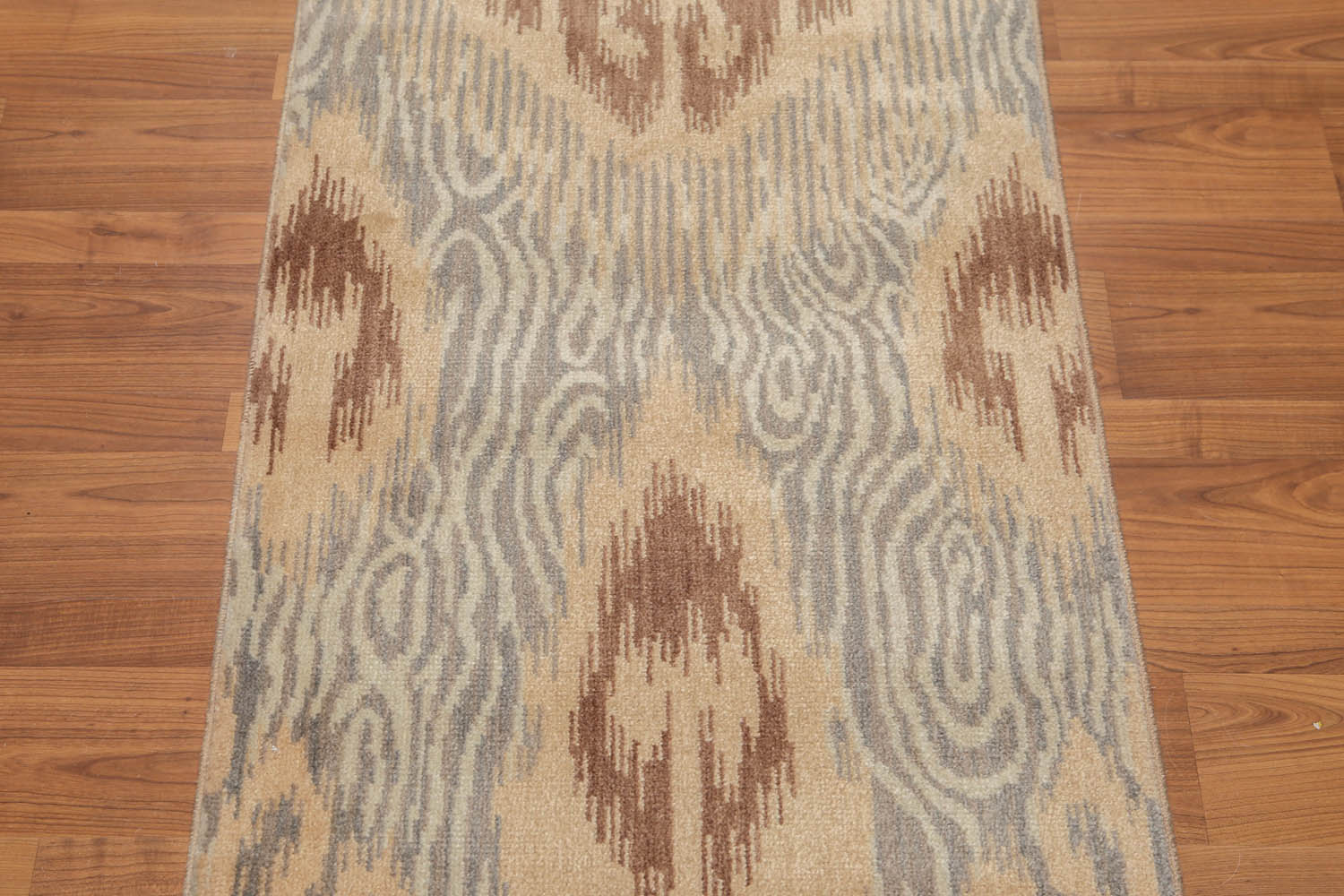 Runner Tan, Brown, Blue Color Hand Knotted All-Over 100% Wool Contemporary Oriental Rug
