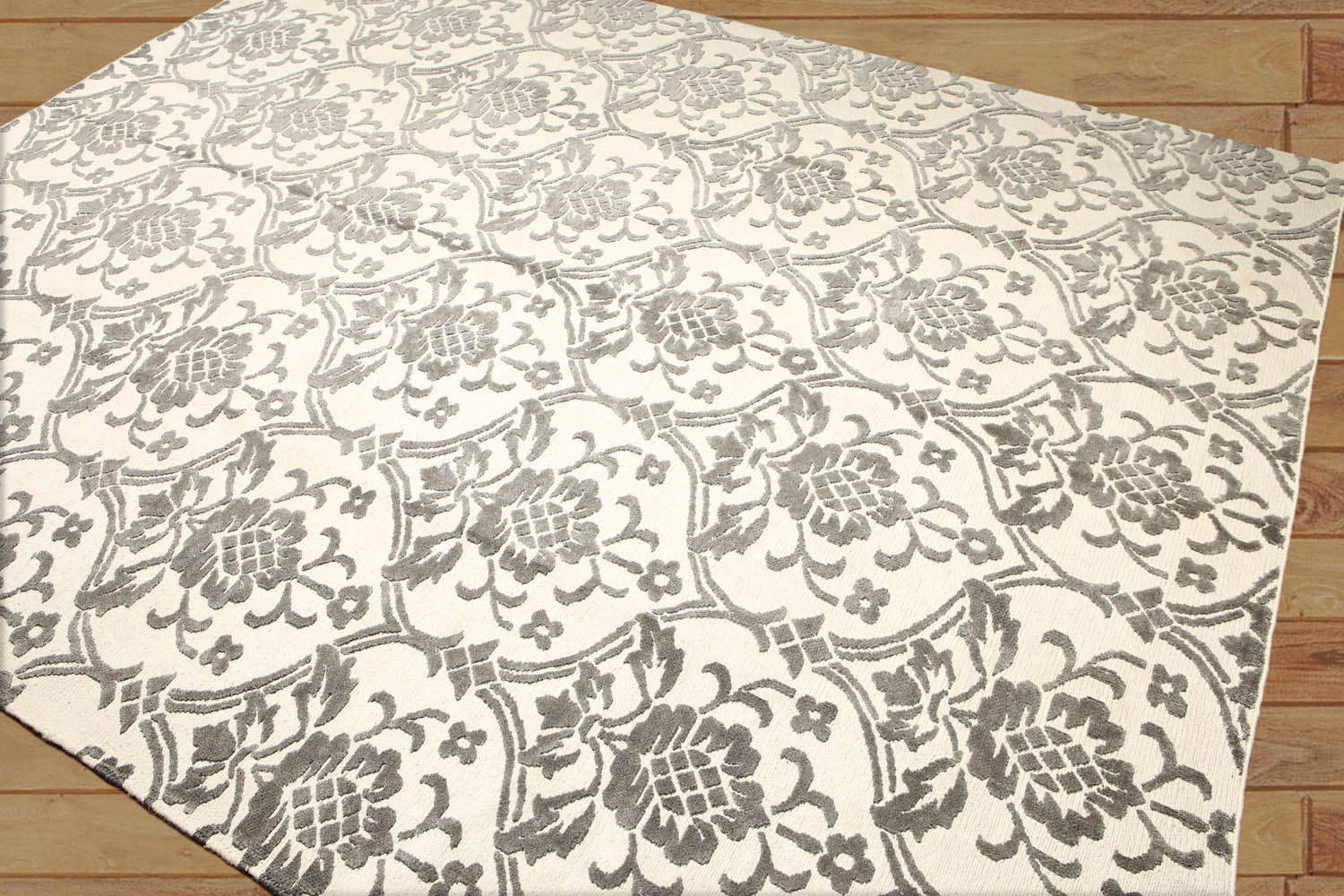 8x10 Ivory, Ivory, Color Hand Knotted Floral Wool & Silk Modern Oriental Rug