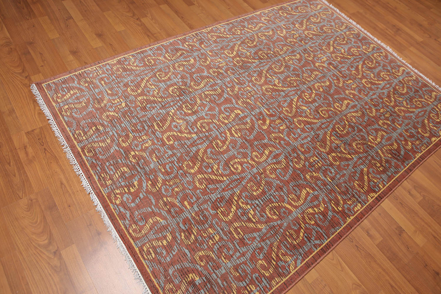 5x7 Rust, Brown, Blue Color Hand Knotted All-Over 100% Wool Transitional Oriental Rug