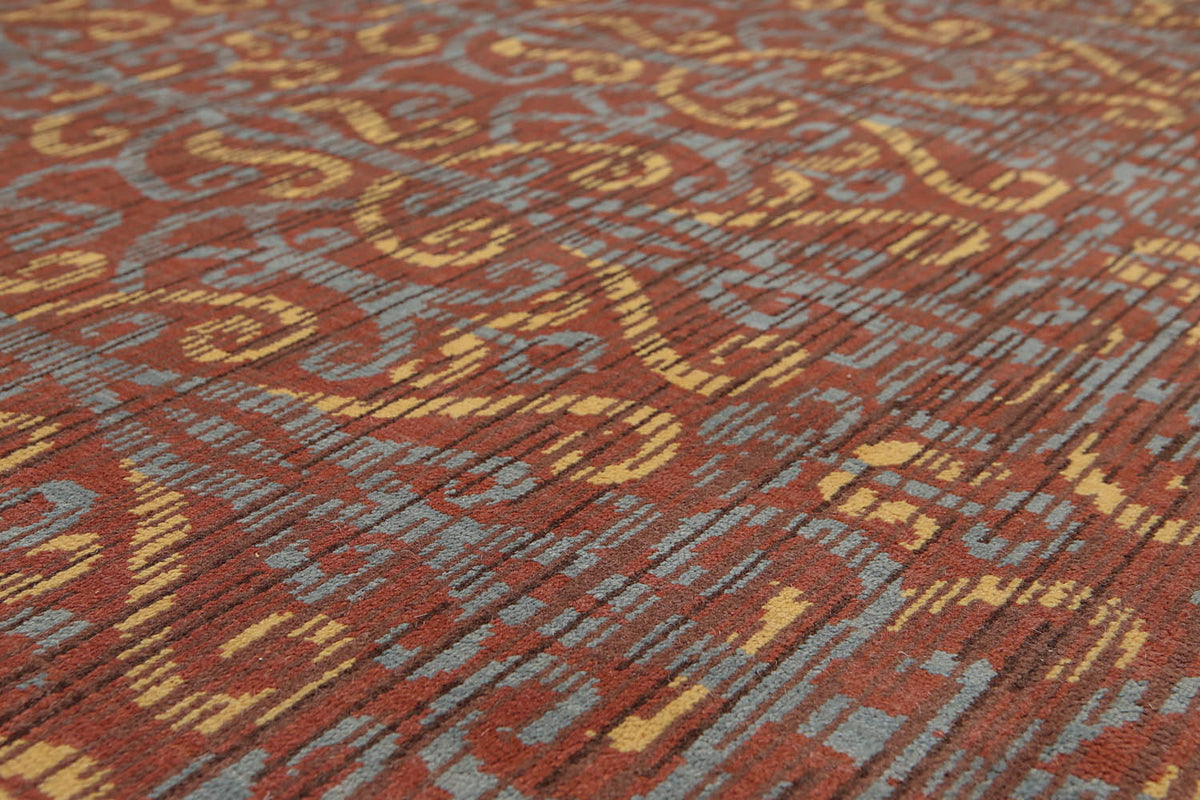 5x7 Rust, Brown, Blue Color Hand Knotted All-Over 100% Wool Transitional Oriental Rug