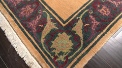 5x8 Tan, Teal, Plum Color Hand Knotted Tibetan New Zealand Wool Art Deco Oriental Rug