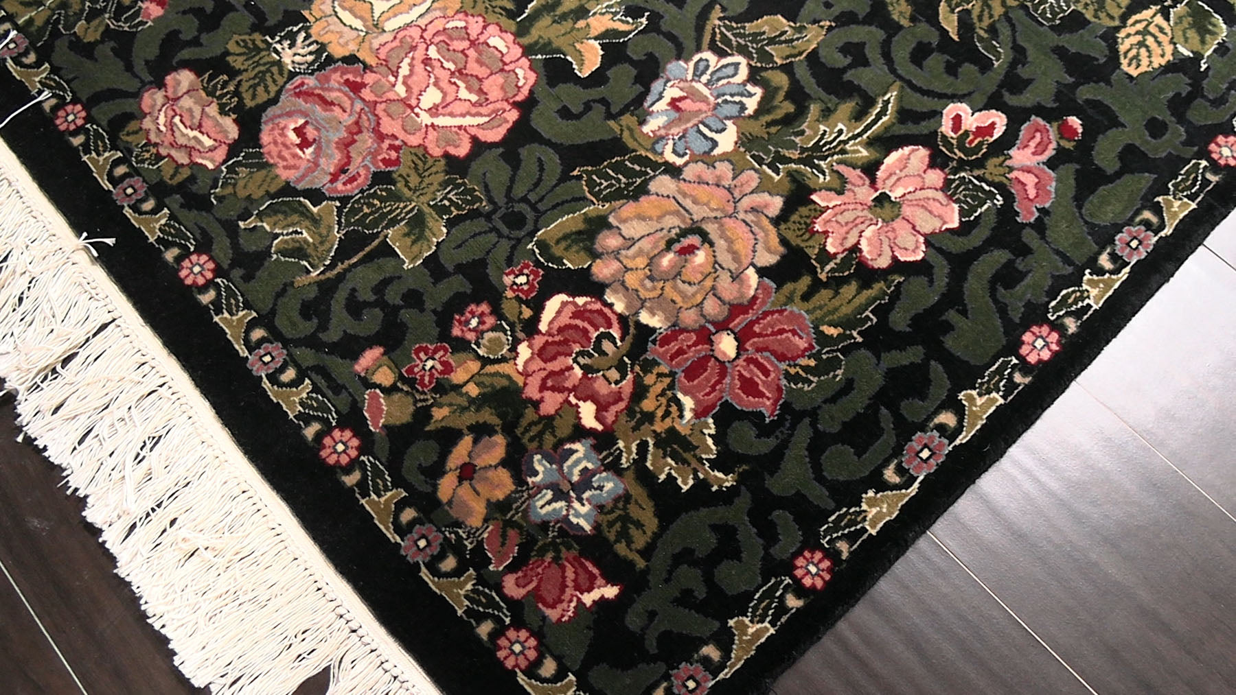 6x9 Black, Green, Ivory Color Hand Knotted Aubusson Savonnerie Wool Traditional Oriental Rug