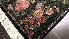 6x9 Black, Green, Ivory Color Hand Knotted Aubusson Savonnerie Wool Traditional Oriental Rug
