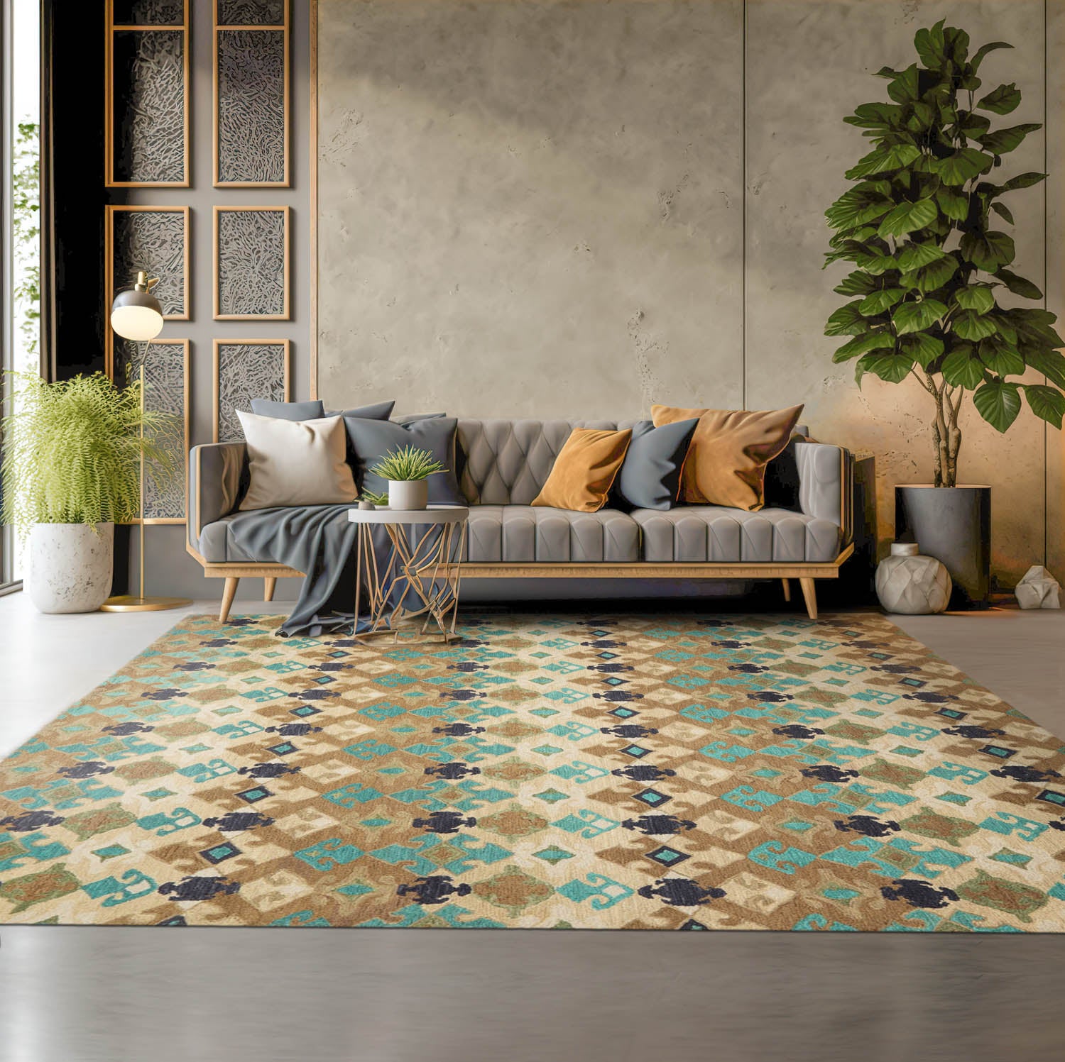 Multi Size Beige Brown Turquoise Color Hand Tufted All-Over Wool & Silk Modern Oriental Rug