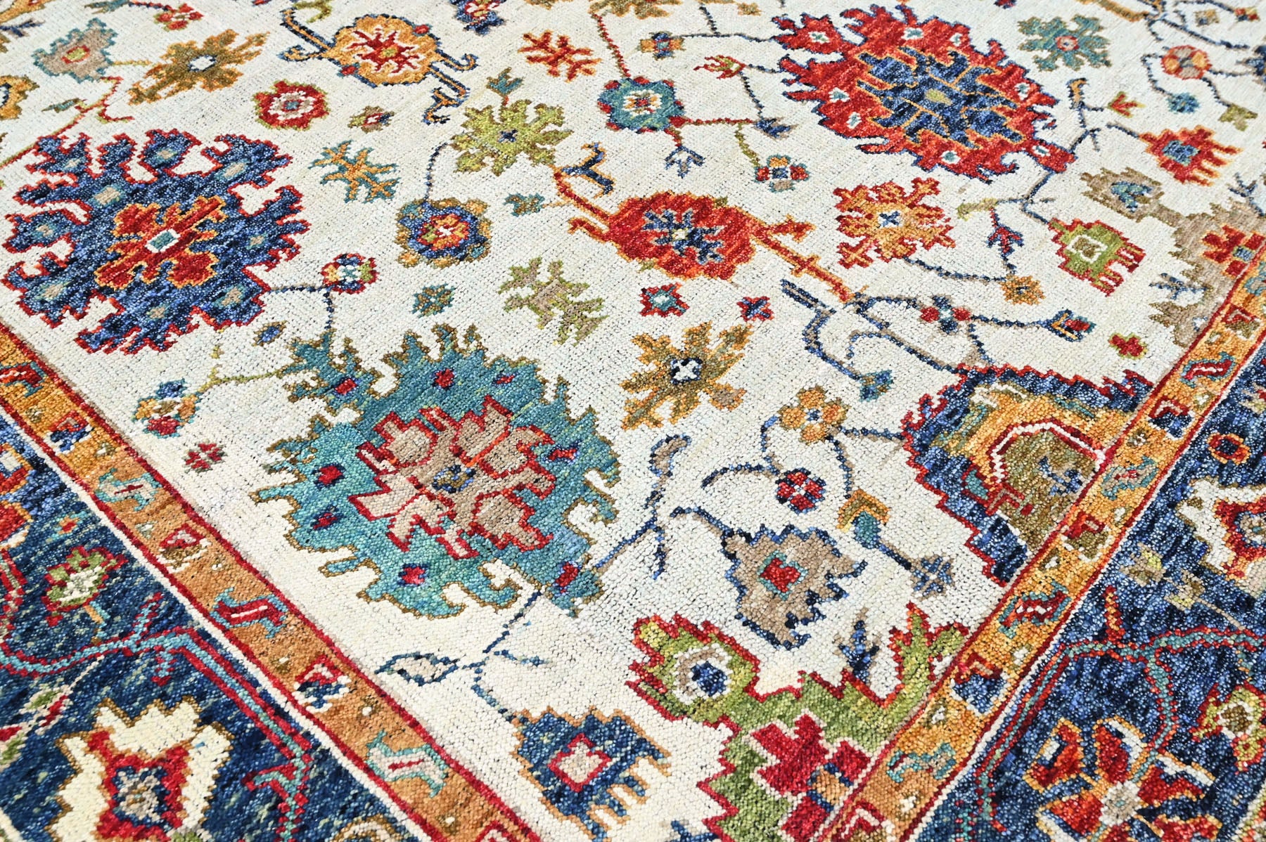 Beige, Blue 8'10''x12'1'' Oushak Arts and Crafts Hand Knotted Wool Oriental Area Rug