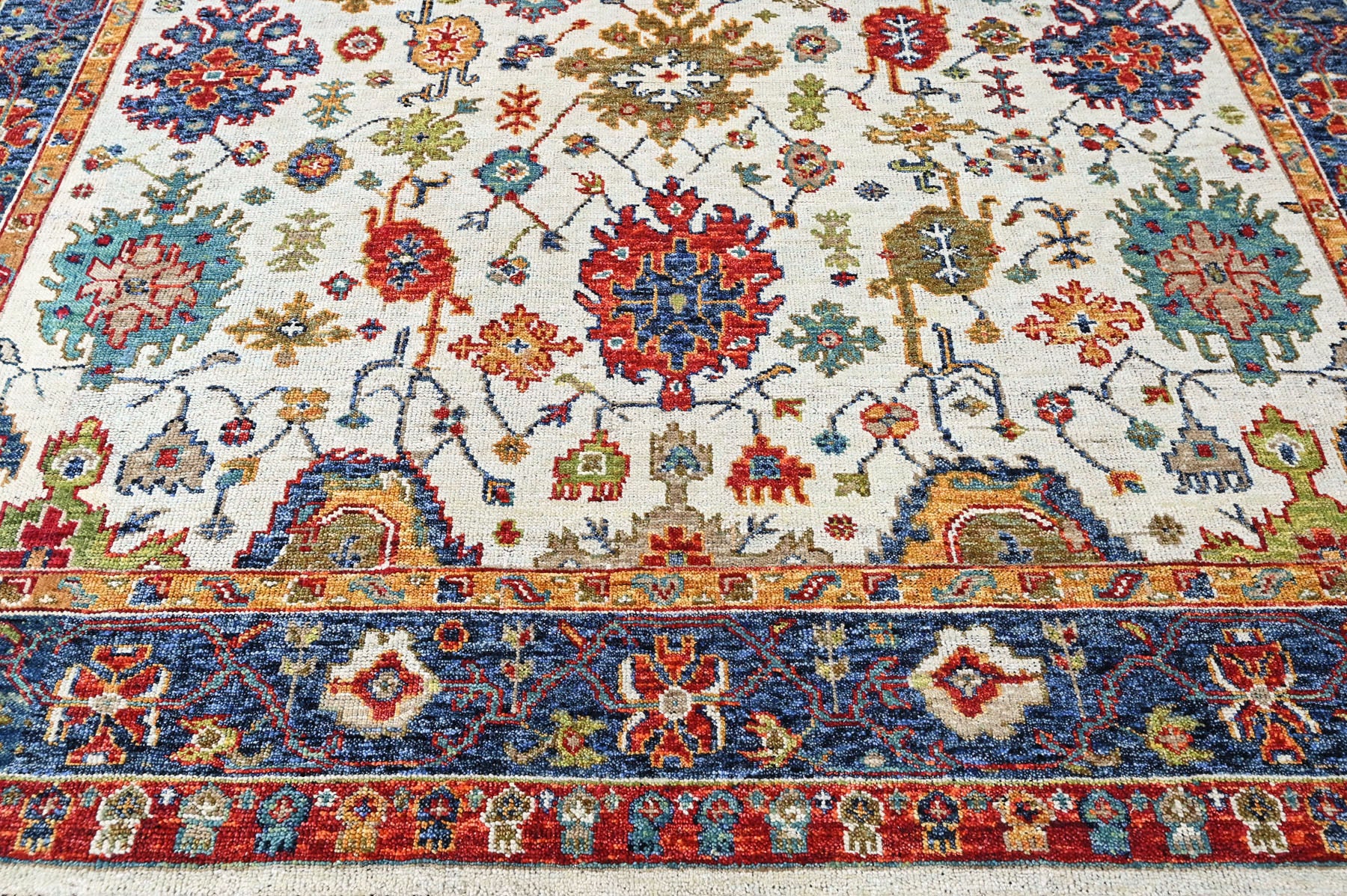 Beige, Blue 8'10''x12'1'' Oushak Arts and Crafts Hand Knotted Wool Oriental Area Rug