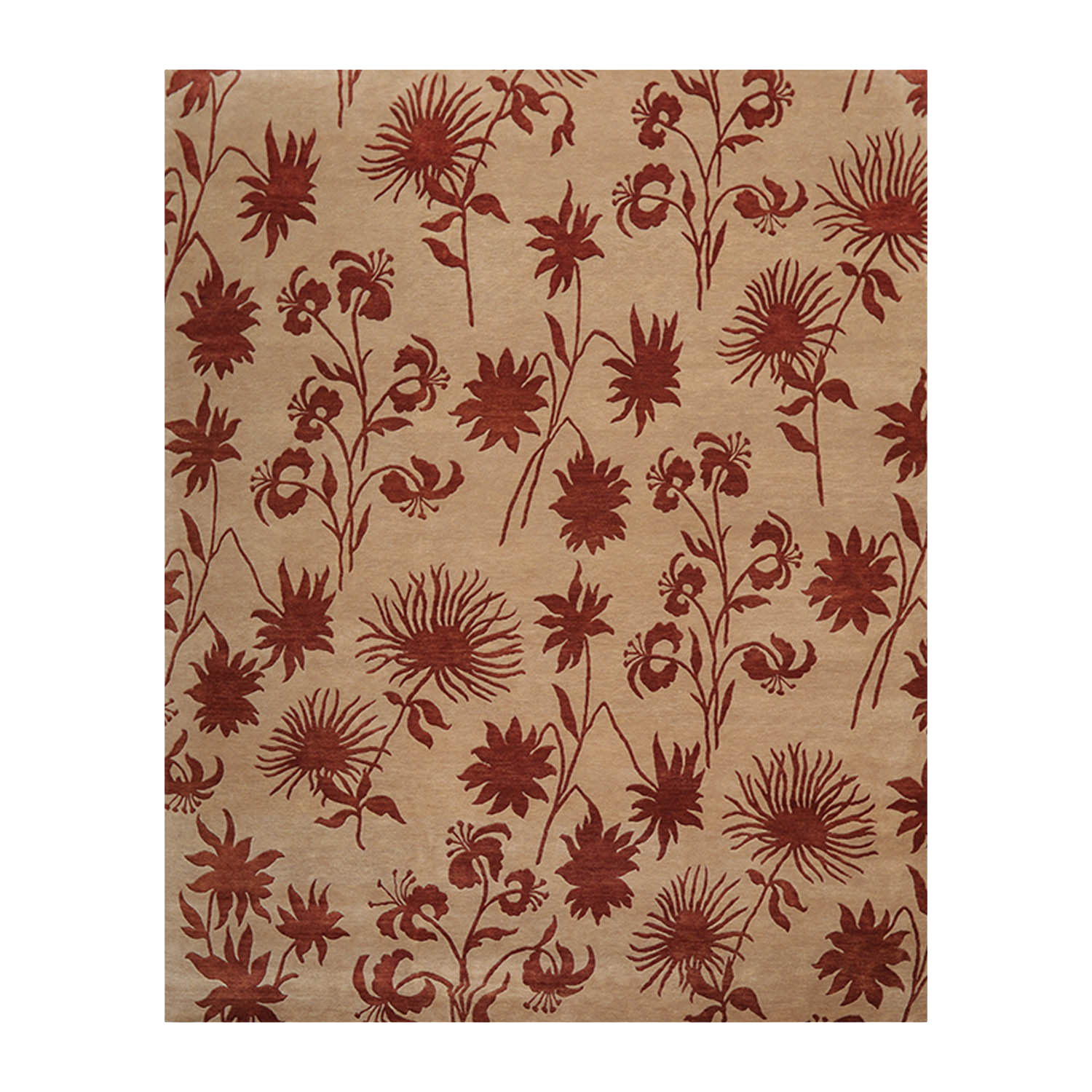 7'10" x 9'9" Hand Knotted Tibetan Wool Botanical Oriental Area Rug Tan