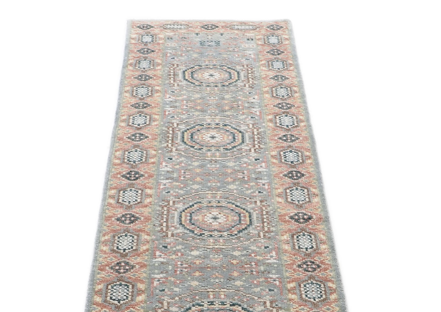 Runner Gray, Blush, Tan Color Hand Knotted Oushak Wool Traditional Oriental Rug