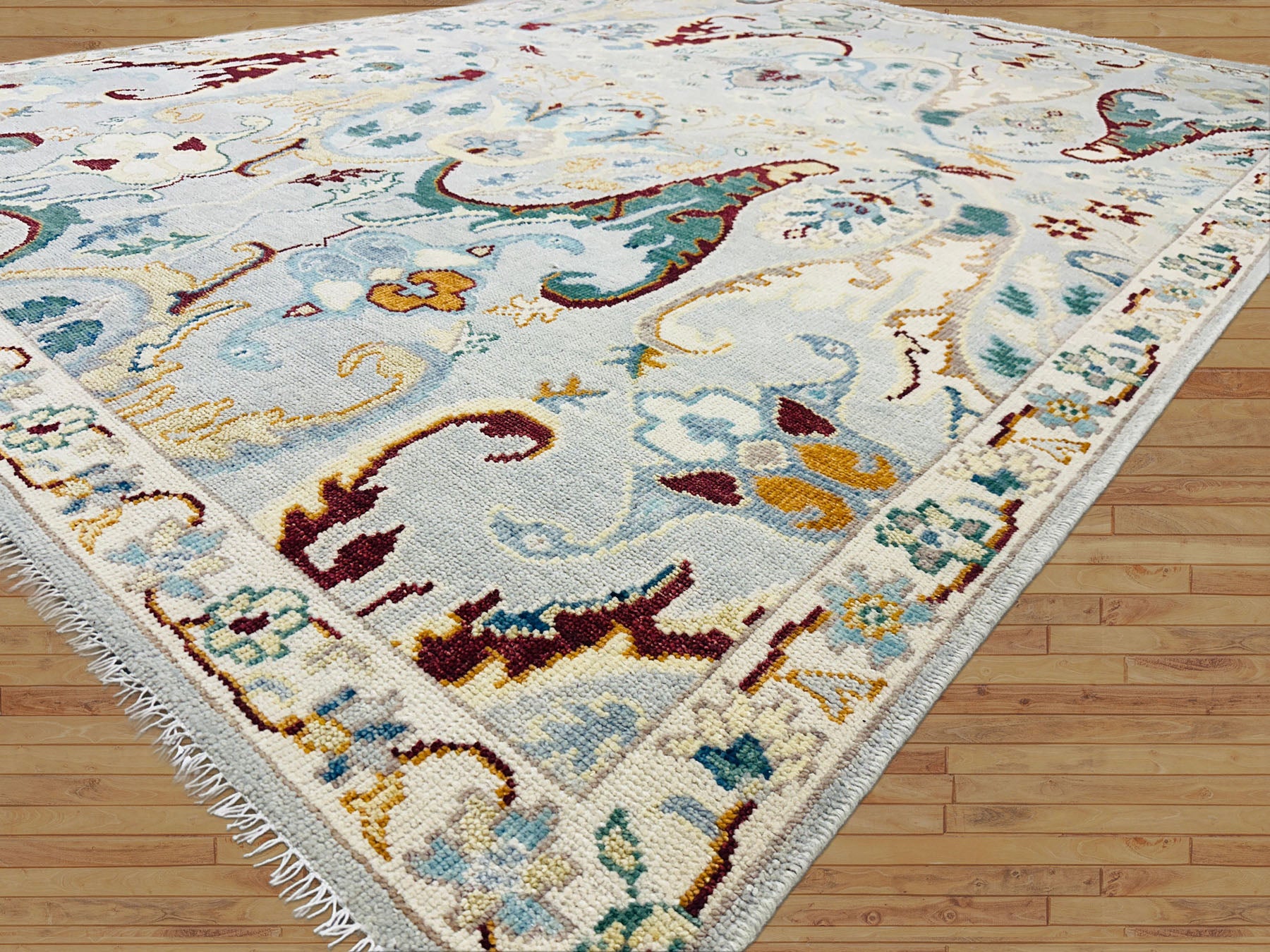 Multi Size Mint Gray Ivory Color Hand Knotted Oushak Wool  Oriental Rug