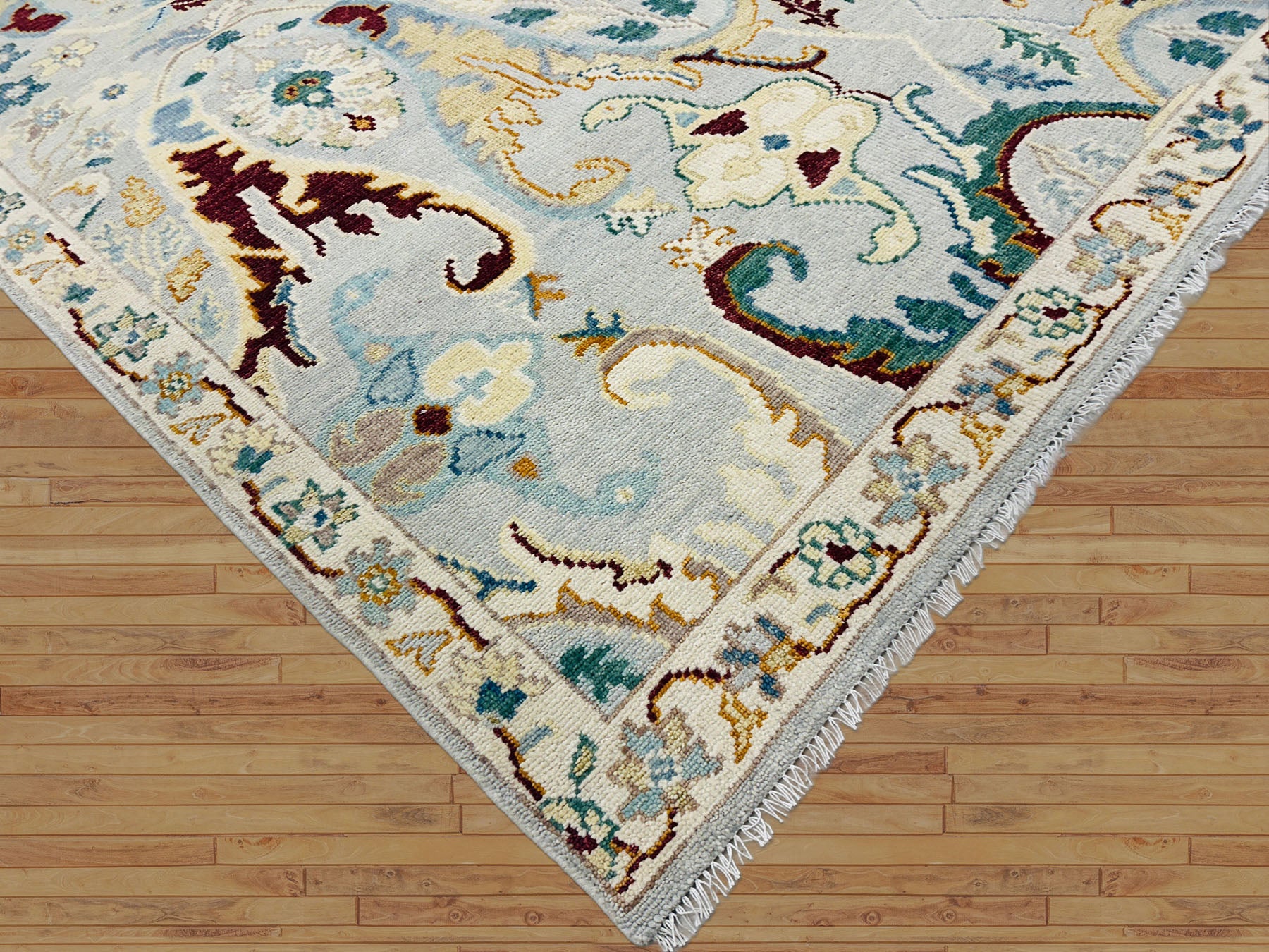 Multi Size Mint Gray Ivory Color Hand Knotted Oushak Wool  Oriental Rug